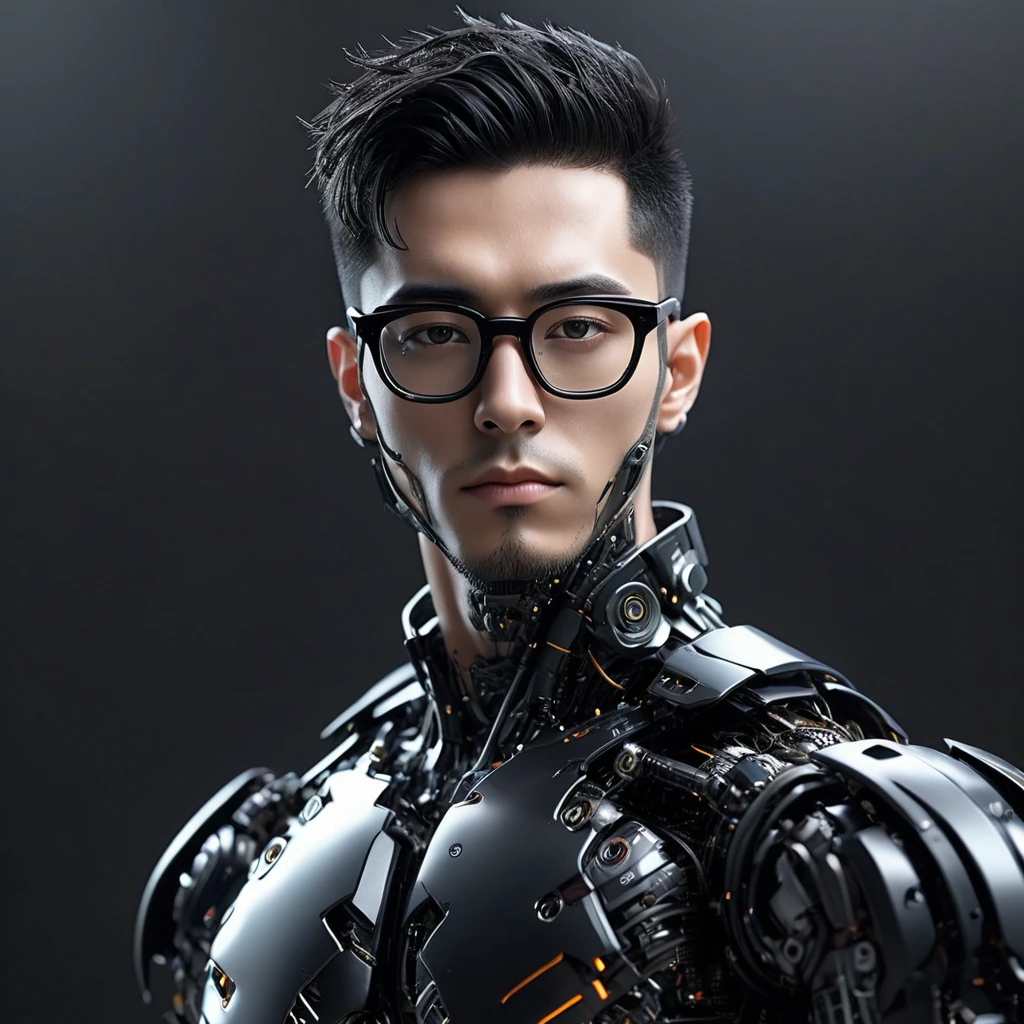 Male robot body hair with black-rimmed glasses with undercut hair, Look to the camera ::futuristic cyberpunk style ,realistic styling ::n_digital painting style, robotic parts, face perfect::seed 1、Black Edged Hair、large nose、Black-based clothing, photo by full body, White background