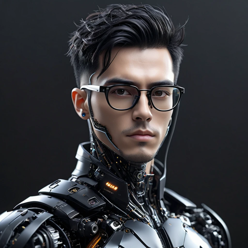 Male robot body hair with black-rimmed glasses with undercut hair, Look to the camera ::futuristic cyberpunk style ,realistic styling ::n_digital painting style, robotic parts, face perfect::seed 1、Black Edged Hair、large nose、Black-based clothing, photo by full body, White background