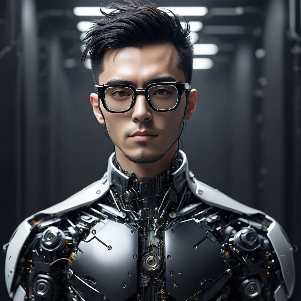 Male robot body hair with black-rimmed glasses with undercut hair, Look to the camera ::futuristic cyberpunk style ,realistic styling ::n_digital painting style, robotic parts, face perfect::seed 1、Black Edged Hair、large nose、Black-based clothing, photo by full body, White background