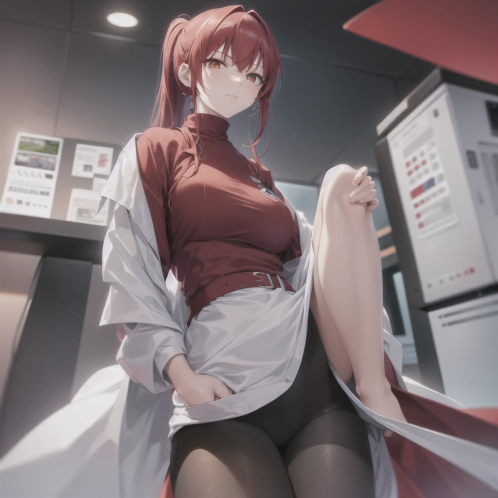 red hair with streaks of white at the end, ponytail, black jacket with red undertones, white dress, deep orange eyes, only one person, smug look, mature and older look