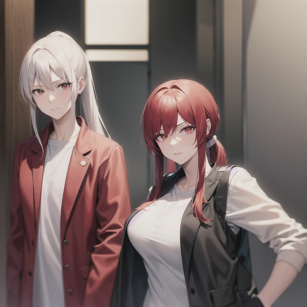 red hair with streaks of white at the end, ponytail, black jacket with red undertones, white dress, deep orange eyes, only one person, smug look, mature and older look