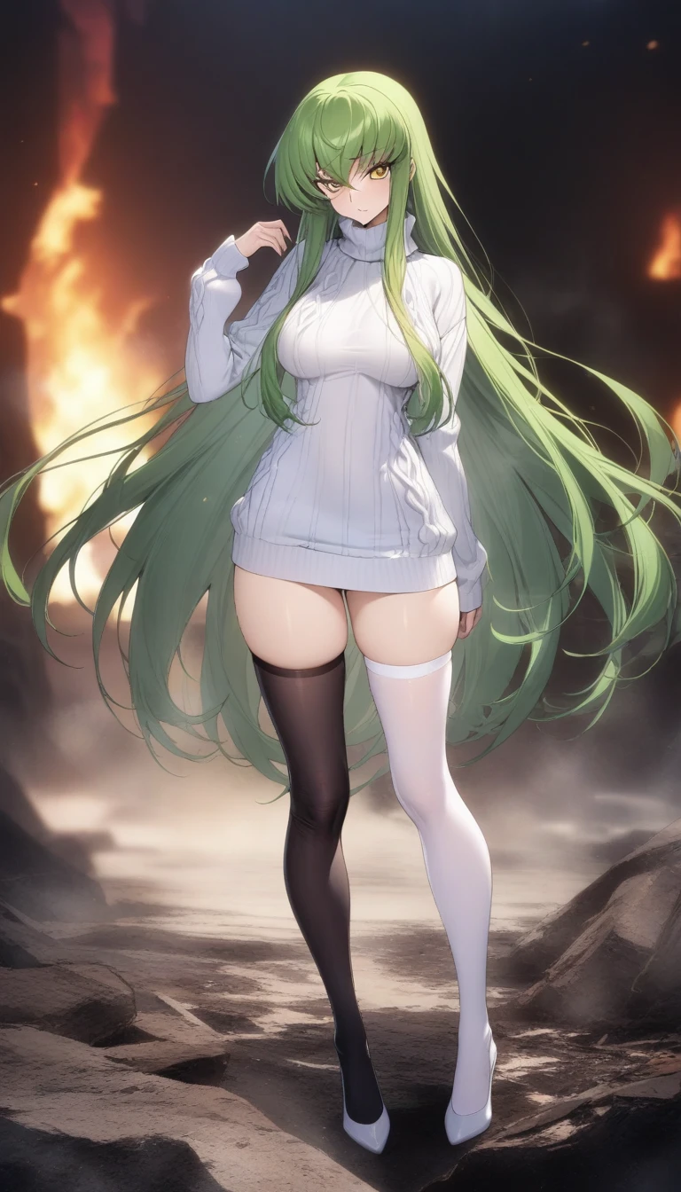 masterpiece, best quality, very aesthetic, absurdres, 1girl, mature_lady, masterpiece, best quality, very aesthetic, absurdres, 1girl, standing, full body, thighhighs,one thighhigh is white, another thighhigh is black, white stocking, black stocking white_sweater, virgin-killing_sweater,,c.c(code_geass), 1girl, crossed_bangs, eyes_visible_through_hair, green_hair, medium_breasts, straight_hair, very_long_hair, yellow_eyes,,in hell,blur background,background defocus