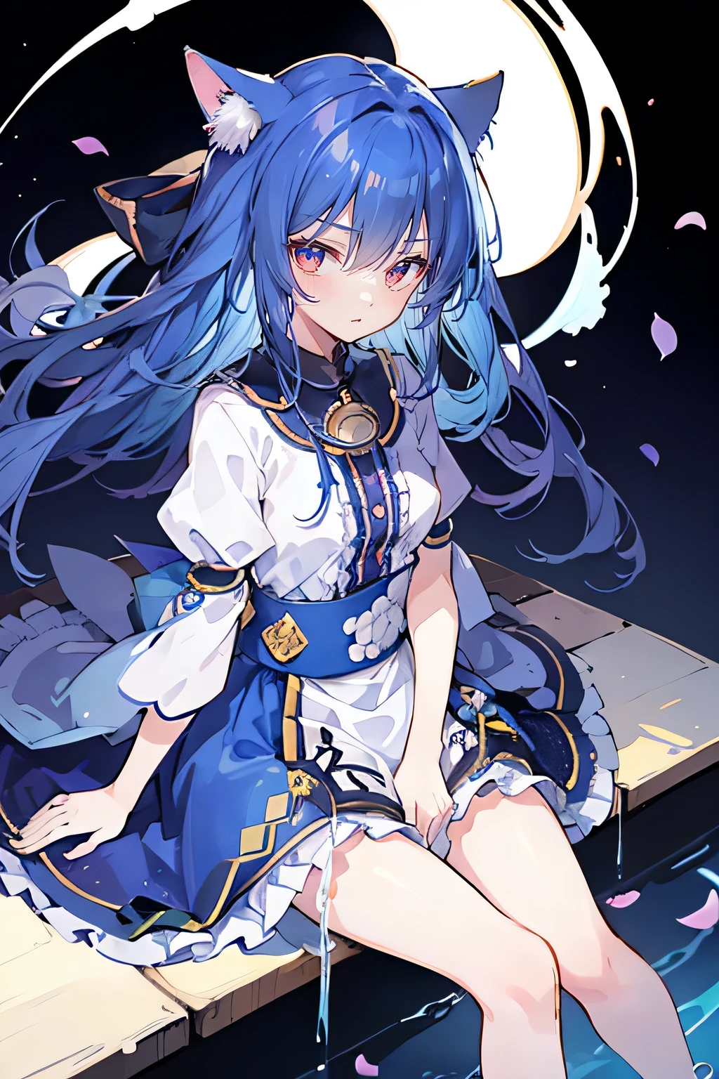 (masterpiece:1.2),Extremely detailed,Practical,expressive eyes,Fair skin,Perfect face shaping,1 Girl,
Japanese cartoons,Gorgeous blue hair, the long flowing blue hair,Floating clothes,Cat ears,Petals fall,beautiful lola,Angel,
Place your hands on your waist,sit elegantly on the ground,Cross your legs,Gentle and peaceful background,open sky。