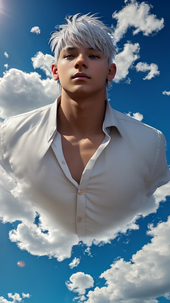 (BOY \(student, , JK, short flowing silver hair, cosmic colored eyes, black , pale skin, tired face with no sparkle in the eyes\) is looking at the sky), (lots of goldfish swimming in the air ), beautiful sky, beautiful clouds, colorful summer flowers blooming here and there, (crystal clear bubbles shining through prisms here and there in the sky), there is a daytime moon and daytime stars in the sky , BREAK ,quality \(8k, highly detailed CG unit wallpaper, masterpiece, high resolution, best quality, high quality genuine leather texture, very realistic, resolution enhancement, RAW photo, best quality, highly detailed, wallpaper, cinematic lighting, ray trails, golden ratio \) , long shot