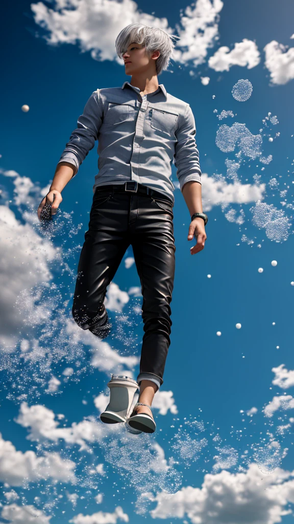 (BOY \(student, 15 years old, JK, short flowing silver hair, cosmic colored eyes, black , pale skin, tired face with no sparkle in the eyes\) is looking at the sky), (lots of goldfish swimming in the air ), beautiful sky, beautiful clouds, colorful summer flowers blooming here and there, (crystal clear bubbles shining through prisms here and there in the sky), there is a daytime moon and daytime stars in the sky , BREAK ,quality \(8k, highly detailed CG unit wallpaper, masterpiece, high resolution, best quality, high quality genuine leather texture, very realistic, resolution enhancement, RAW photo, best quality, highly detailed, wallpaper, cinematic lighting, ray trails, golden ratio \) , long shot