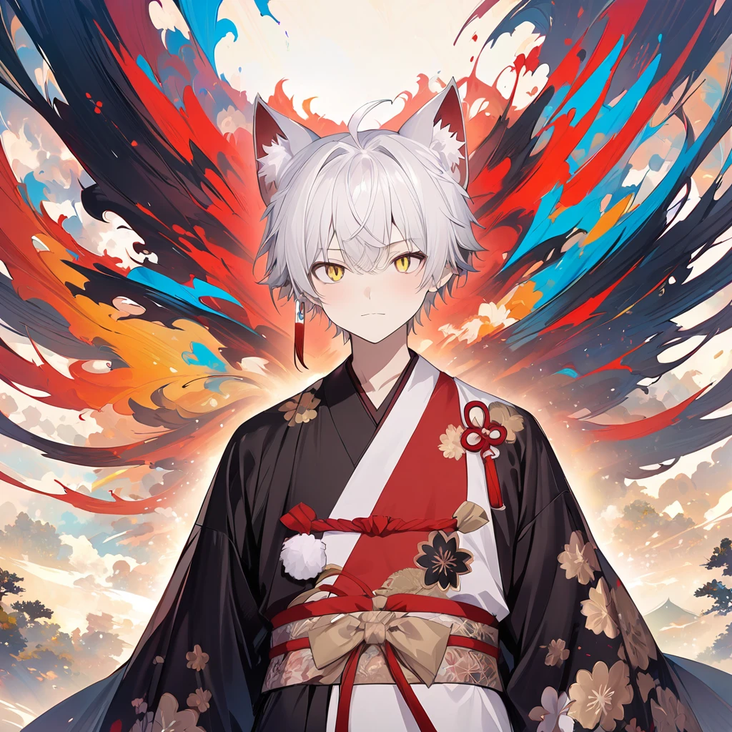 ((cat_boy)),1boy,male focus,(animal ears),white hair, short hair with single long lock,(split color kimono),(white kimono),(black kimono),(red lapel),ahoge,yellow eyes,slit pupils, dot nose,closed mouth,,single earring,obi,red sash,beige bow,print kimono,solo,alone,close-up,dynamic pose,beautiful hands,finger,dynamic angle,colorful background,beautiful background,best quality, masterpiece, high resolution,japanese armor,armor,