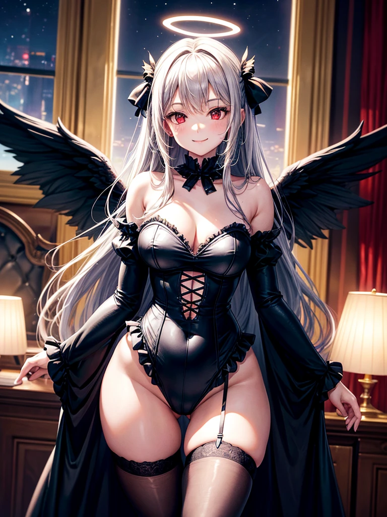 Highest quality,Highest Resolution,Beautiful girl with a smile in a gothic leotard,Big black angel wings on the back,Halo,High leg,Frills,Very beautiful red eyes,front,whole body,Bedroom,Standing posture,Spread your arms out to the sides,Thigh-high stockings,Night view outside the window,