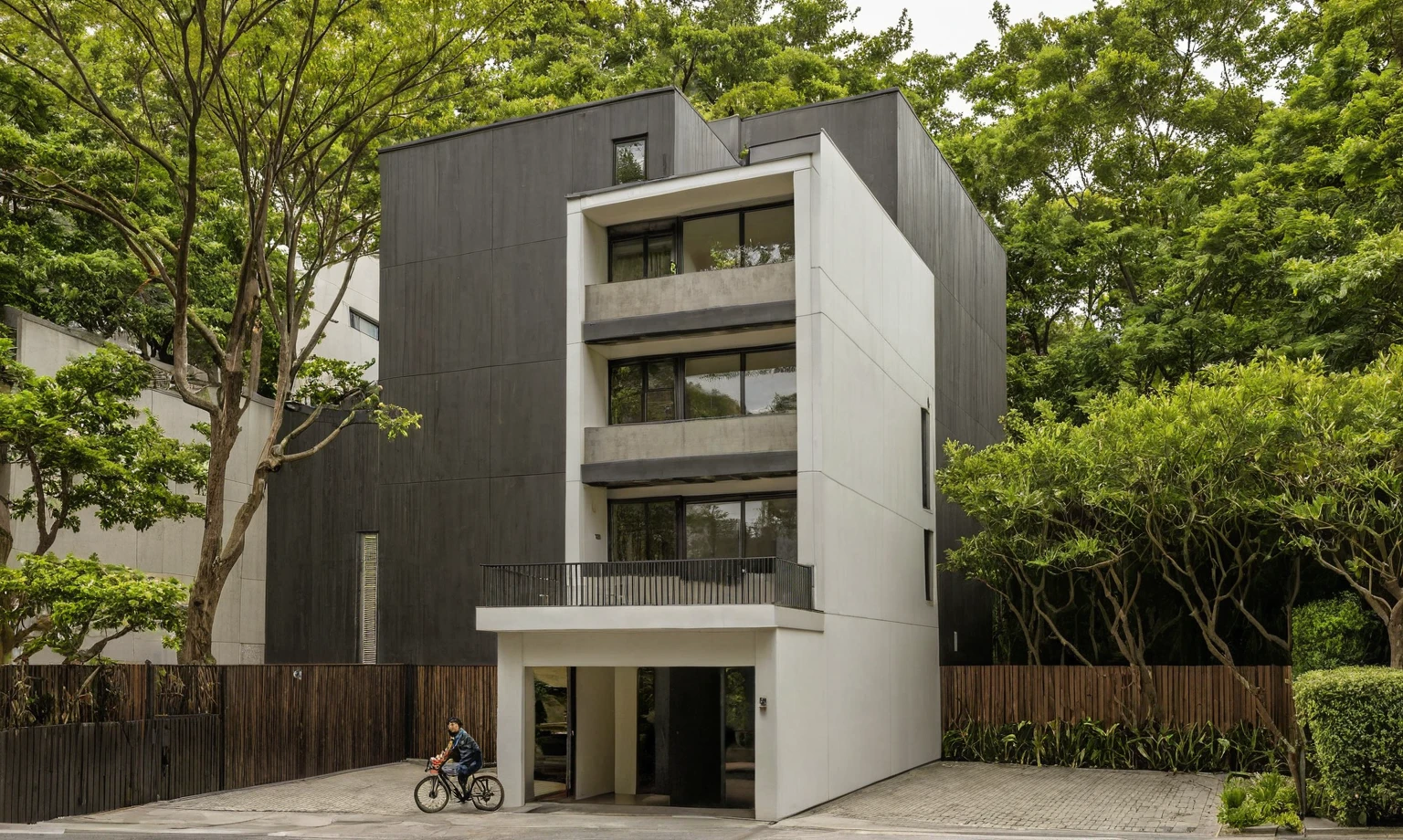 Raw photo, Masterpiece, high quality, best quality, authentic, super detail, architecture, house, outdoors, style modern, minimalist line, wooden, white paint wall, japan style, wasabi style, Jen style, steel stair, glass railing, paint wall decor, tree, street