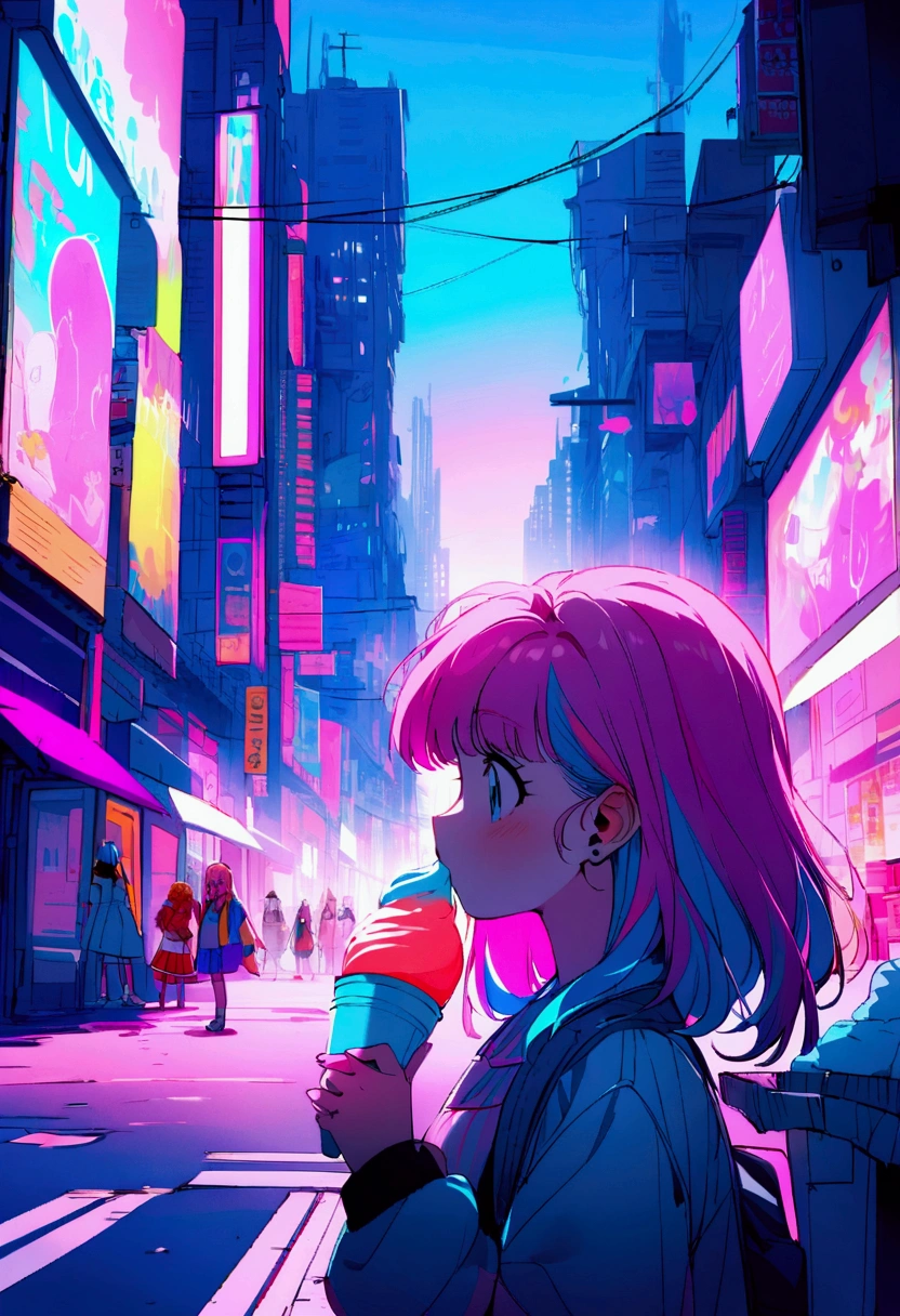 Pink and blue hair girl, soda, Inspired by 90s anime, Cyberpunk City, praise, colorful, , Pink Hair, Blue Hair Dot Wallpaper House Fashion Show