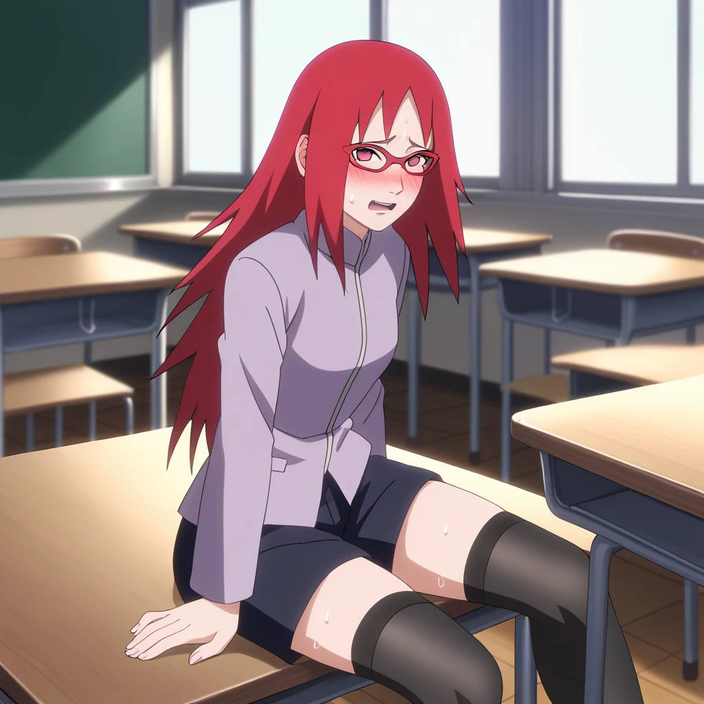 Red hair, 1 Girl, Glasses, Long hair, Red Eyes, Solitary, Long gown, Black over-the-knee stockings, Black shorts, Umbilical cord, Looking at the audience，No students, Japanese cartoons screencap, Japanese cartoons coloring,src_Japanese cartoons,Naruto \(series\), Naruto shippuuden,（（blush，nervous，Vision，classroom，bookshelf，sit on the chair，））masterpiece， absurd ， （Intricate details）， （Colorful）， light， Extremely detailed CG unity 8k wallpaper ，1 Girl， solo，（shy，classroom，night，blush，nervous，Sweating，蕾丝dress， ），sweat，blush，blush1.5，Blush，Medium chest，（（dress，Black stockings，）），（dress，Lying in bed，Uncomfortable expression，Mouth open，spit）