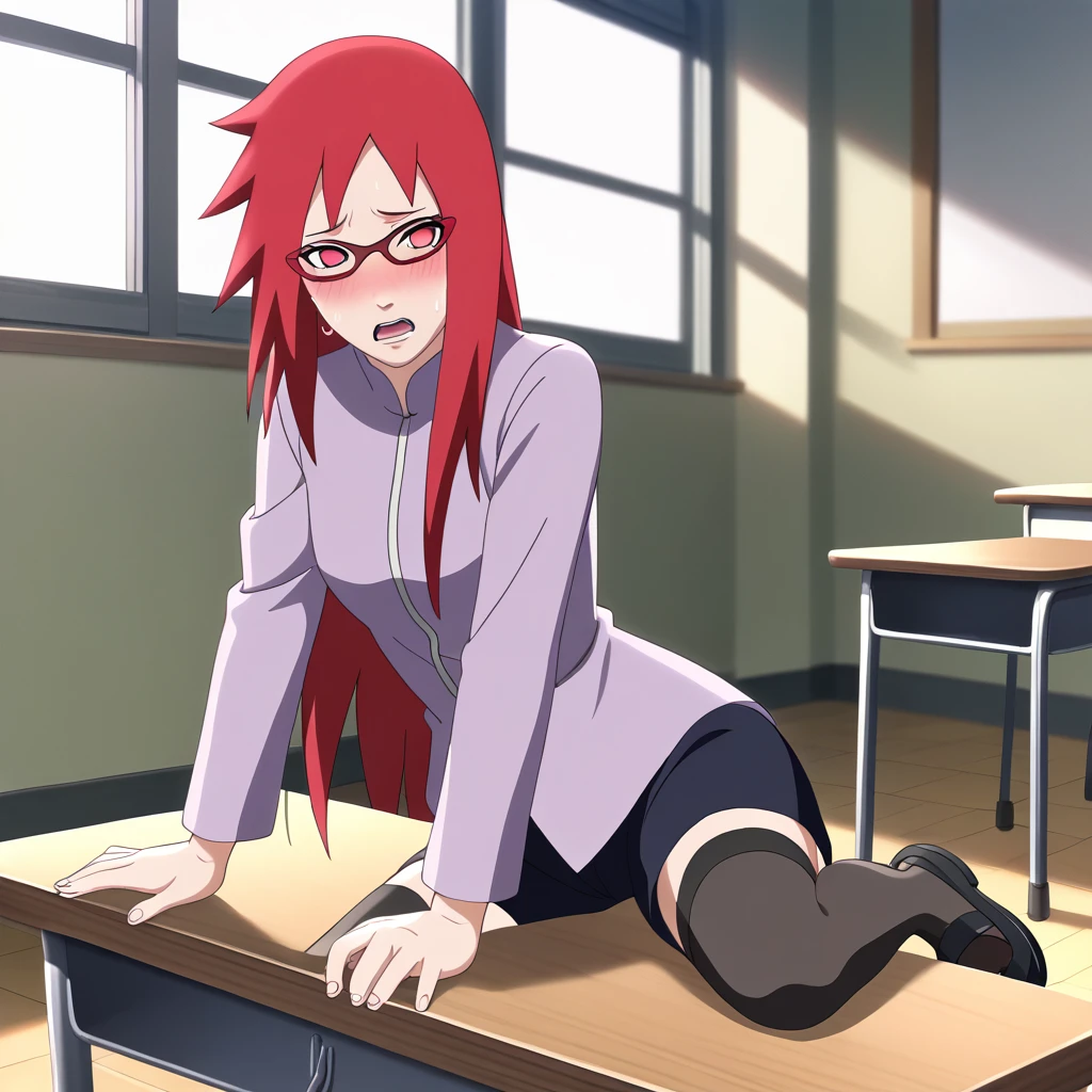 Red hair, 1 Girl, Glasses, Long hair, Red Eyes, Solitary, Long gown, Black over-the-knee stockings, Black shorts, Umbilical cord, Looking at the audience,No students, Japanese cartoons screencap, Japanese cartoons coloring,src_Japanese cartoons,Naruto \(series\), Naruto shippuuden,((blush,nervous,Vision,classroom,bookshelf,sit on the chair,))masterpiece, absurd , (Intricate details), (Colorful), light, Extremely detailed CG unity 8k wallpaper ,1 Girl, solo,(shy,classroom,night,blush,nervous,Sweating,蕾丝dress, ),sweat,blush,blush1.5,Blush,Medium chest,((dress,Black stockings,)),(dress,Lying in bed,Uncomfortable expression,Mouth open,spit)