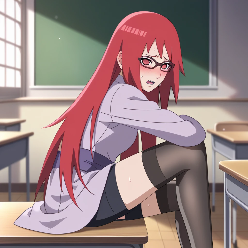 Red hair, 1 Girl, Glasses, Long hair, Red Eyes, Solitary, Long gown, Black over-the-knee stockings, Black shorts, Umbilical cord, Looking at the audience，No students, Japanese cartoons screencap, Japanese cartoons coloring,src_Japanese cartoons,Naruto \(series\), Naruto shippuuden,（（blush，nervous，Vision，classroom，bookshelf，sit on the chair，））masterpiece， absurd ， （Intricate details）， （Colorful）， light， Extremely detailed CG unity 8k wallpaper ，1 Girl， solo，（shy，classroom，night，blush，nervous，Sweating，蕾丝dress， ），sweat，blush，blush1.5，Blush，Medium chest，（（dress，Black stockings，）），（dress，Lying in bed，Uncomfortable expression，Mouth open，spit）