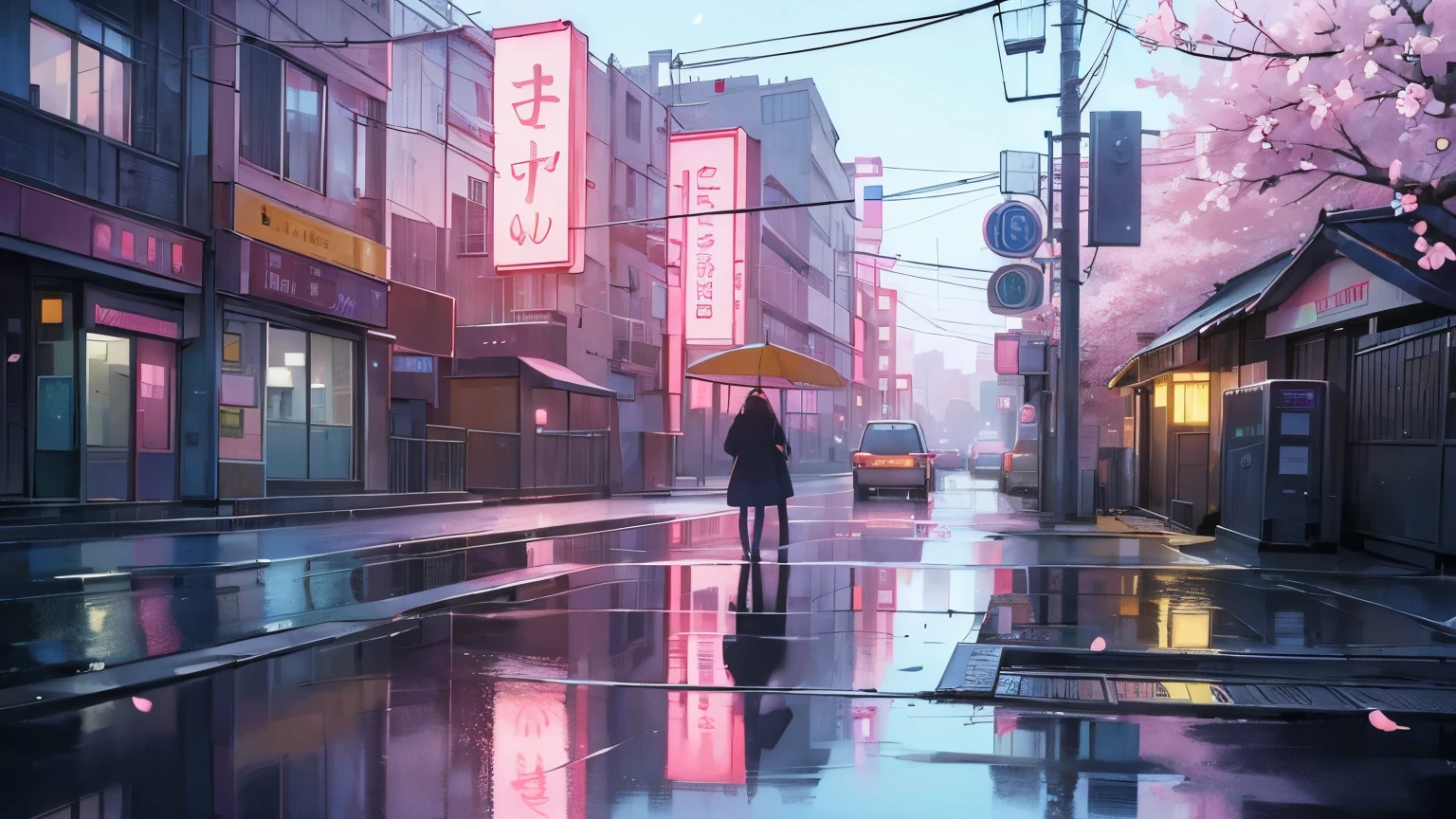 ((Neon Town)),((night)),(Cat),(puddle),(pastel colour),(signboard),(cherry blossoms),(peach),(yellow),((City)),(cold),(lonely),(building),(bustling street)