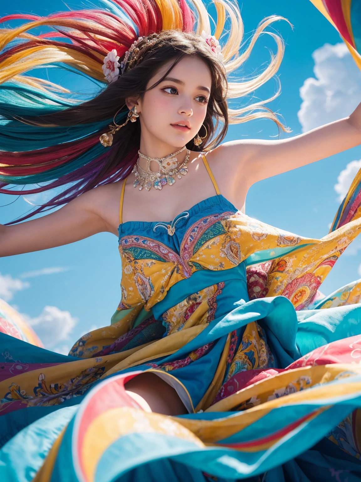 A whimsical dance unfolds against a crisp white backdrop, as a multicolored harlequin woman's upper body twirls in vibrant splendor. Her dress, a tapestry of swirling patterns, playful textures, and wispy cloud-like fabrics, radiates with kaleidoscopic colors. Stylized anatomy and fantastical details adorn her face, hair, and clothing, as soft, dreamy lighting casts subtle shading, adding depth to the composition.