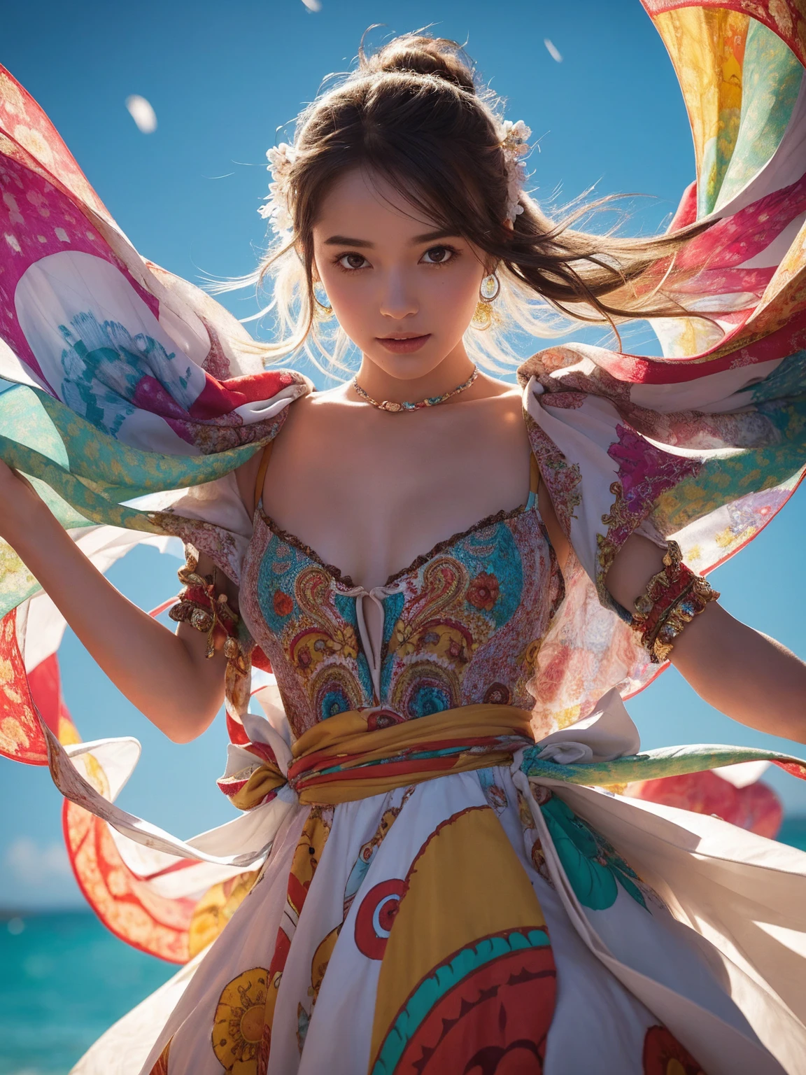 A whimsical dance unfolds against a crisp white backdrop, as a multicolored harlequin woman's upper body twirls in vibrant splendor. Her dress, a tapestry of swirling patterns, playful textures, and wispy cloud-like fabrics, radiates with kaleidoscopic colors. Stylized anatomy and fantastical details adorn her face, hair, and clothing, as soft, dreamy lighting casts subtle shading, adding depth to the composition.