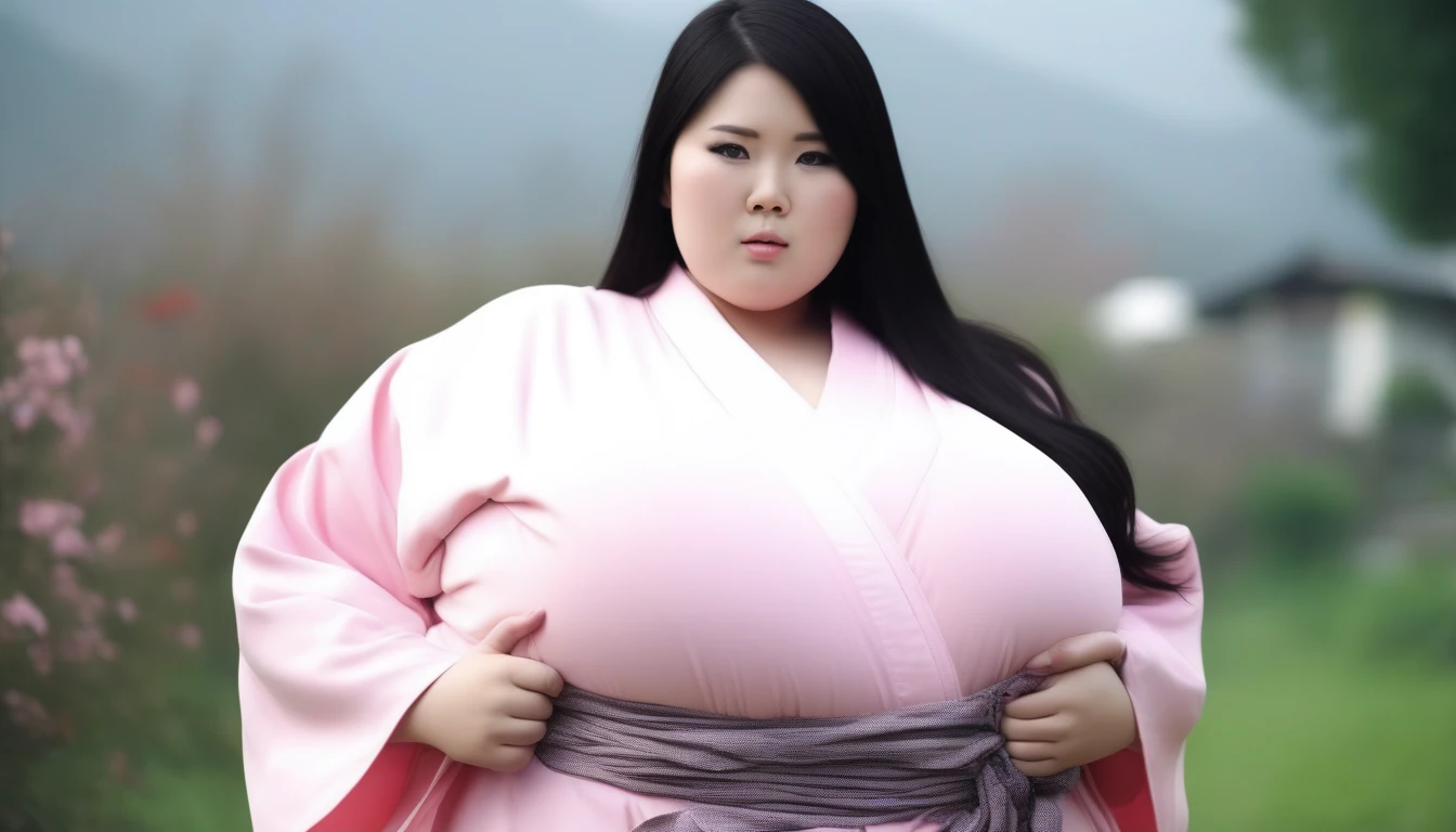 cute black haired asian with extreme huge enormous, bbw, obese, pink kimono. masterpiece 8k, professional photography, immobile, complete body, garden background, beautiful girl