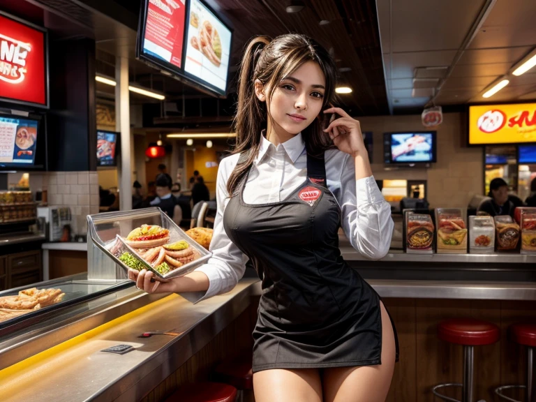 score_9, score_8_up, score_8, score_7_up, score_7, score_6_up, score_6, score_5_up, Score_5, rating_questionable, beautiful girl, medium breasts, slender, fast food worker, behind counter, serving customers, upskirt, cameltoe, in fast food restaurant, fast food uniform