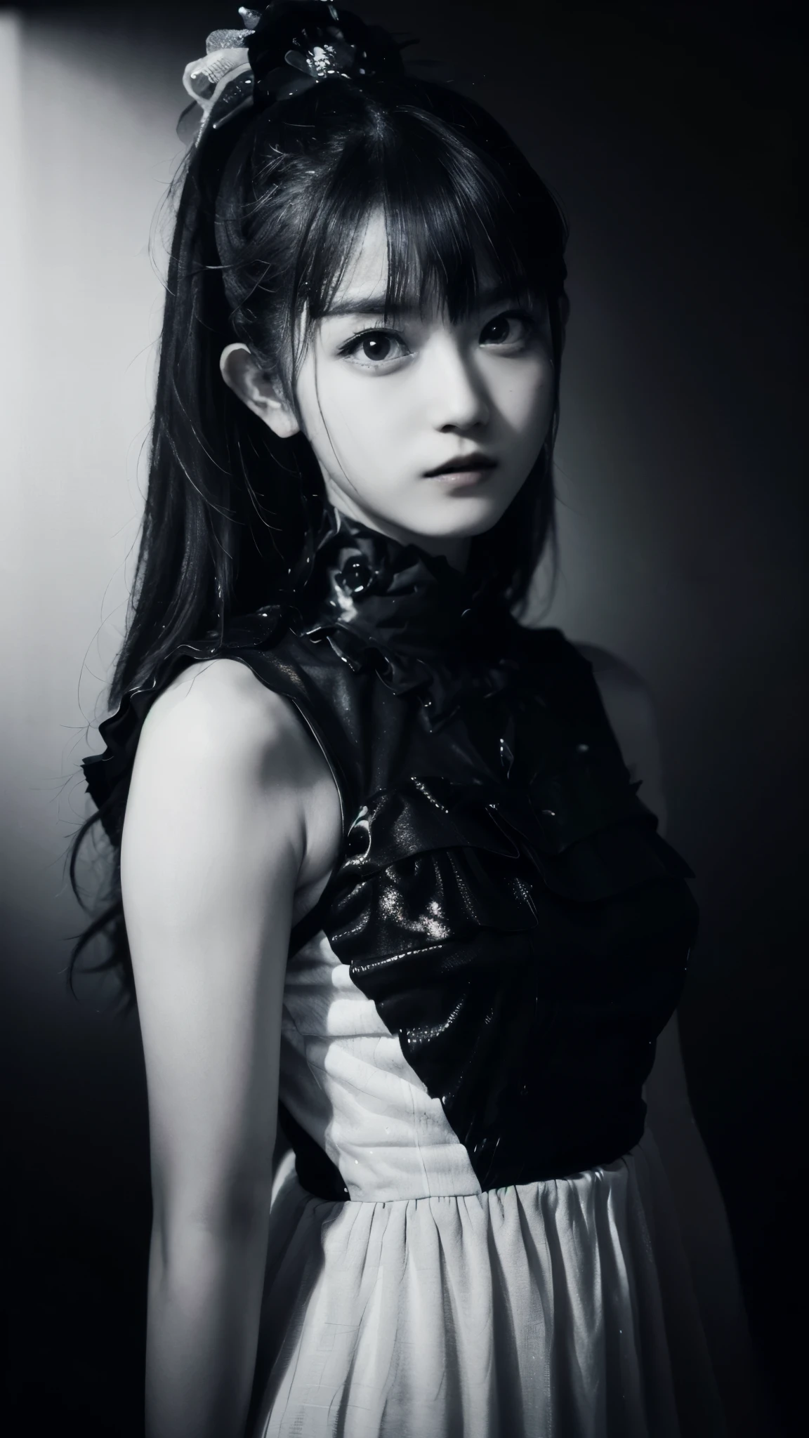 (masterpiece:1.2),(Highest quality:1.2),(Super detailed),(Ultra-high resolution),(Photorealistic Stick),(RAW Photos),8K,wallpaper,(((Black and white photography:1.3))),Backlight,(Written boundary depth),(Sophisticated lighting:1.1), (Improving cinematic lighting quality:0.9),Photo of a woman in a black dress by Babymetal,(Suzuka Nakamoto)((suzuka nakamoto:1.3)),whole bodyポートレート,(Eye light,Sharp pupils,Detailed eye drawing,)Very beautiful face,(Detailed skin texture:1.3),(Beautiful portrait:1.2),A lovely and delicate face,Beautiful young Japanese woman,front,((whole body:1.5)),((Black background:1.3)),(Flashy makeup),((Serious))