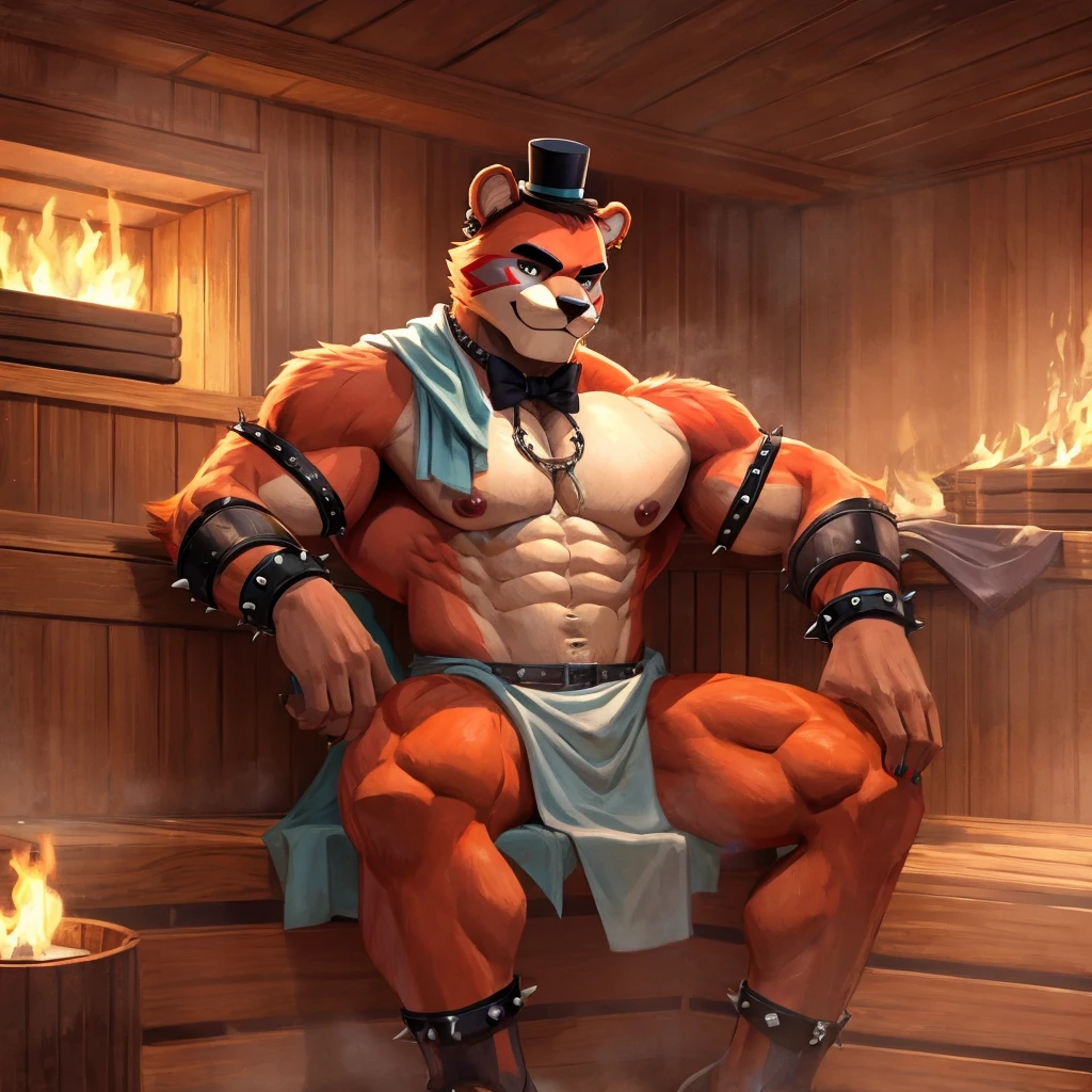 Glamrock overly muscular adult Freddy totally naked sitting on a cucumber wearing a small white towel on his waist wet sitting inside a steamy sauna with one of his legs on the seat with a self-assured sexy and flirtatious look