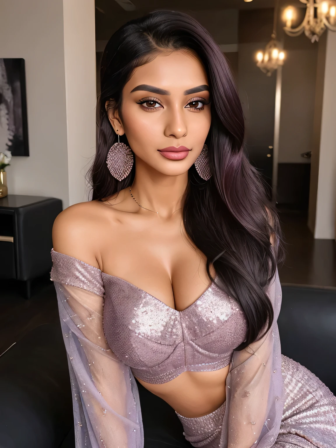 "Create an ultra-realistic image of a modern, attractive female influencer of Indian descent, aged between 27 to 30. She should have a warm and inviting smile, expressive almond-shaped eyes with a slight shimmer, and clear, glowing skin with a medium brown complexion. Her features should be well-defined, with high cheekbones and a sharp jawline. Her hair should be styled in a sleek high ponytail with a bit of volume at the crown, showcasing its deep, reddish-purple hue that’s bold yet sophisticated. Her bust size should be medium (40-42 inches): a balanced and proportionate size that fits a variety of body types, offering versatility in fashion. She has a slender yet athletic build, reflecting a healthy and active lifestyle.
She is wearing a mauve net saree paired with a lavender sequin blouse that highlights her toned figure and enhances her bust size. The outfit is completed with stylish black heeled sandals that add elegance to her look. She accessorizes with subtle yet chic jewelry, such as small hoop earrings and a few thin bangles. The background should be a serene lavender field with a soft, pastel sunset, creating a dreamy and sophisticated atmosphere. Her overall appearance should exude confidence, approachability, and sophistication, capturing the essence of a contemporary Indian fashion influencer."