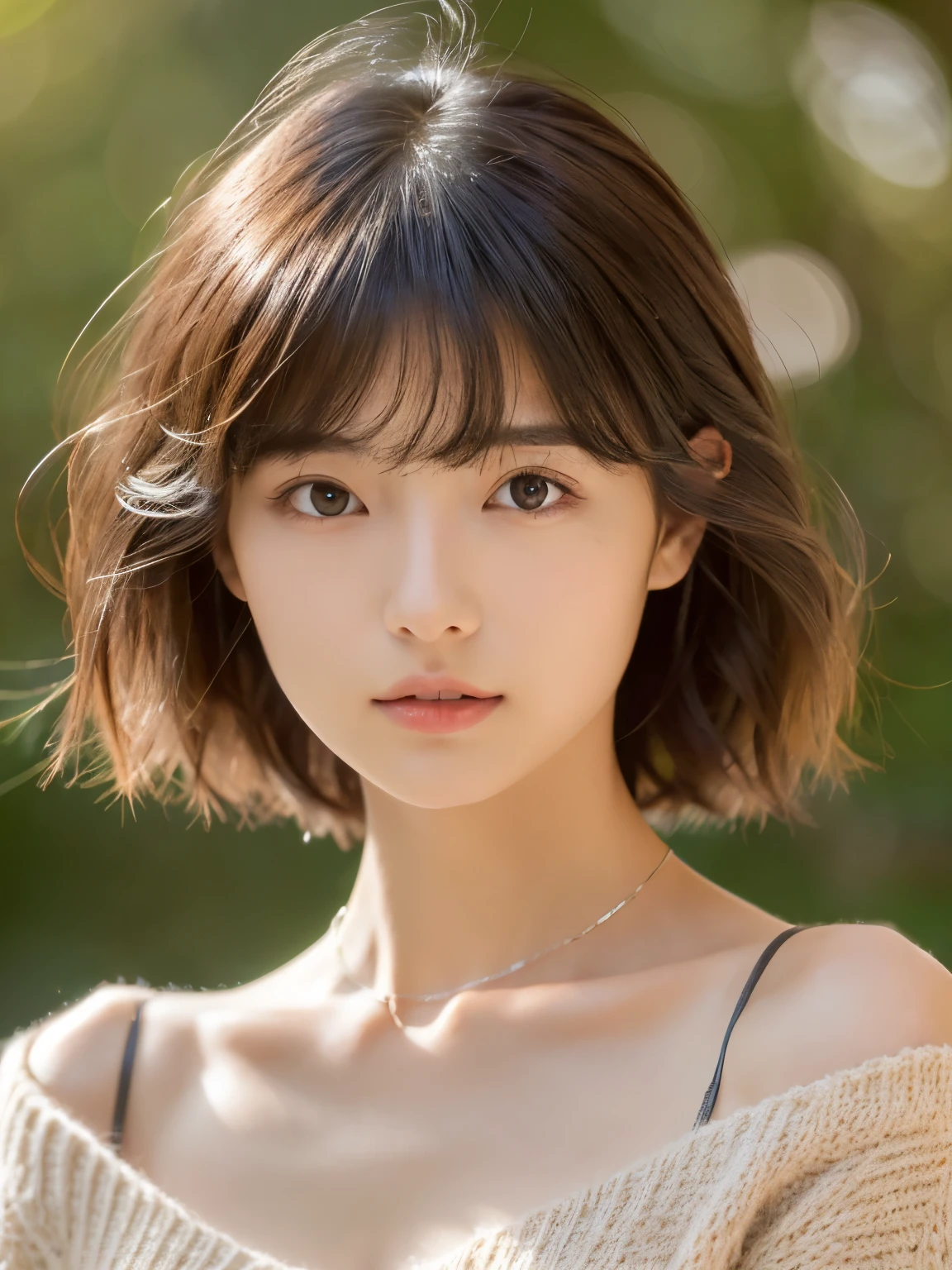 (top-quality、8K、32K、masterpiece、nffsw:1.2)、cute little japanese women photos、large full breasts、very short bobbed hair、The upper part of the body、sface focus、Oversized_Sweaters、a necklace、simple background、From above、looking at the viewerix4、(8K、Raw photography、top-quality、masterpiece:1.2)、(realisitic、Photorealsitic:1.37)、1girl in、cute little、profetional lighting、photon maping、physically-based renderingt、Gradient Brunette Hair、short curly hair、a handsome、Girly、superior image quality、hight resolution、1080p、(Clear face)、(Detailed face description)、(Detailed hand description)、(masuter piece)、(Exquisite CG)、 extreme light and shadows、hair messy、masterpiece、lush detail、(Exquisite facial features)、(The highest image quality)、(masterpiece)、(A detailed eye)、Looking forward to your eyes、Delicate collarbones、Poses variadas、don't watch mela、profile、white walls、(white walls room with window)、Autumn clothes、Winter clothes、simple a necklace、T-shirt