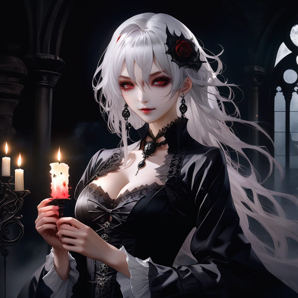 （masterpiece，Highest quality）， solo，A white-haired woman is holding a candle，アニメのskullの女性の肖像,Beautiful Necromancer girl，Beautiful girl necromancer，，Smokey, Flowing white hair，厳しいeye，青白いskin，Black eyeshadow，黒いBloodと涙，Two fangs exposed，Gothic Girl Anime Characters，Beautiful Necromancer，gothic fantasy art，Dark fantasy風アート, White-haired God,Retrato de um Female Necromancer，Female Necromancer，Goddess of Death，Dark atmosphere lighting，The light shines，Mysteriouagic，Edge Light,,Swarms of Dark Monsterultiple skulls on the ground、周囲に複数のzombie、死んだ腐ったBloodに飢えた邪悪なzombie, Girl Venom, 黒い共to be bornto be born物が付着している, One Girl, masterpiece, View your audience, Professional, green髪, Torn clothing, crazy, Yandere, Psychopathic, crazy expression, Licking lips, The pupils constrict, crazy smile, crazy eyes, Conceit, Gothic architecture, Big window behind the girl, Bloodまみれの, Evil look, Psychopathic, Torn clothes, Torn Costume, sexy, reveal, Combat Stance, Very detailed, Vibrant appearance, Creative Action, Very detailed, Imaginative, Sensual, Voluntary, All breasts, sexy, reveal, Highest quality, skinの質感, Intricate details, (Highest quality, masterpiece, 超High resolution), (8k w全てpaper, High resolution, High resolution, to be born), (credibility: 1.4), (whole bodyショット), One Girl, ((Anime Girls)),,(Bloodしぶき:1.6), ((Fantasy Witch Costume)), ((Flowing white hair)), ,(Bloodしぶき:1.6),Female curves, Large Breasts, Thick thighs, sexyな平らなお腹, 完璧なhand, 完璧なアニメのface, ((dark ta dress)), Are standing, ((邪悪な笑face)), ,(Bloodしぶき:1.6),Victorian cities, gaslight, Steam circulates, Moonlight Illumination, night lighting, A sky filled with stars and galaxies,(Bloodしぶき:1.6),アニメzombie魔女デザイン, ねじれた笑face、Bloodまみれの、頭からの出Blood、Bloodしぶき、,(Bloodしぶき:1.6),Crossbones, skull, Streetwear Design, Professionalテクター, Horror Style, Full Design, Huge breasts, Very detailed, Realistic, Dark fantasy, Gloomy atmosphere, Intricate details, crazyスマイル, 狂ったeye, Cute and stylish hair band,(masterpiece:1.2, Highest quality), Scary atmosphere、Distorted facial expressions、Horror Art、Bloodの雨、Bloodを流す、Bloodしぶき,(Bloodしぶき:1.6),悪魔のeye、greenいeye、scar、火scar、whole body、Torn hair of a woman dressed in slave clothing、（Long Hair）、（eyeにかかる長さの前髪）、Black Hair、（（（eyeの下のクマ）））、green白いskin、Feeling unwell、Pathological、邪悪な笑face、狂ったeye、（Grin）Dramatic makeup，Create mixed media art、,Horror 1 Girl, Open_mouth, , green_eye, Blood, Tilt_red_skin, Injury, Blood_In addition_face, Bandaged_arm, Blood_In addition_zombie, Blood_In addition_hand　, Open your eyelids wide, The trend is 全て, mouthを大きくOpen, mouthを開けて歯をむき出しにする,Sharp teeth like a beast, Wide lips, 非常に広いmouth, Vermilion cheeks, blonde, ,(Bloodしぶき:1.6),Princess Cut, Ribbon hair ornament, brooch, Otaku Room, Well-built body, Nice body, Ample breasts, Thick body,eyeを大きく開いて、Scary atmosphere、Distorted facial expressions、ねじれた笑face、Bloodまみれの、頭からの出Blood、Bloodしぶき、whole body、,(Bloodしぶき:1.6),Long Hair、Long bangs、Well-built,Broad shoulders,I focus,(face),Messy Hair,いeye,(光るeye),green信号,笑face,big