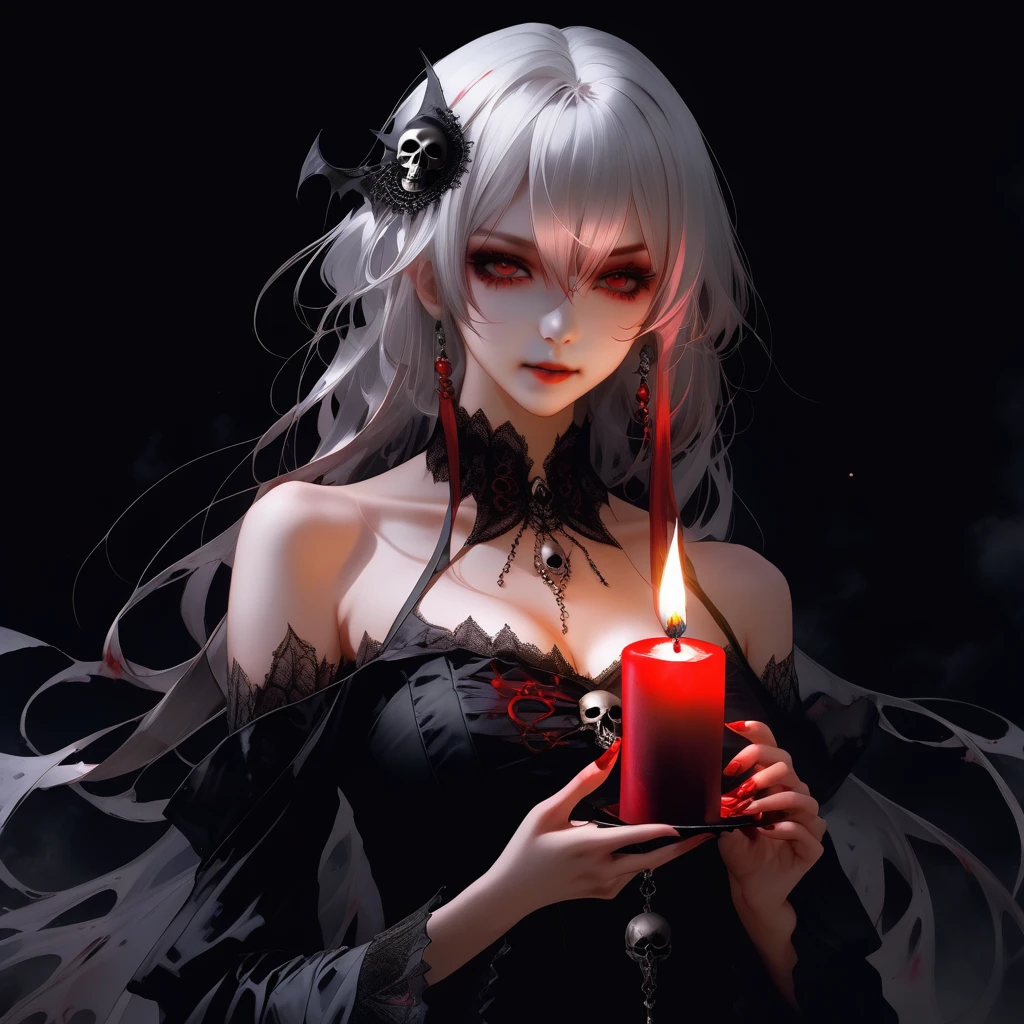 （masterpiece，Highest quality）， solo，A white-haired woman is holding a candle，アニメのskullの女性の肖像,Beautiful Necromancer girl，Beautiful girl necromancer，，Smokey, Flowing white hair，厳しいeye，青白いskin，Black eyeshadow，黒いBloodと涙，Two fangs exposed，Gothic Girl Anime Characters，Beautiful Necromancer，gothic fantasy art，Dark fantasy風アート, White-haired God,Retrato de um Female Necromancer，Female Necromancer，Goddess of Death，Dark atmosphere lighting，The light shines，Mysteriouagic，Edge Light,,Swarms of Dark Monsterultiple skulls on the ground、周囲に複数のzombie、死んだ腐ったBloodに飢えた邪悪なzombie, Girl Venom, 黒い共to be bornto be born物が付着している, One Girl, masterpiece, View your audience, Professional, green髪, Torn clothing, crazy, Yandere, Psychopathic, crazy expression, Licking lips, The pupils constrict, crazy smile, crazy eyes, Conceit, Gothic architecture, Big window behind the girl, Bloodまみれの, Evil look, Psychopathic, Torn clothes, Torn Costume, sexy, reveal, Combat Stance, Very detailed, Vibrant appearance, Creative Action, Very detailed, Imaginative, Sensual, Voluntary, All breasts, sexy, reveal, Highest quality, skinの質感, Intricate details, (Highest quality, masterpiece, 超High resolution), (8k w全てpaper, High resolution, High resolution, to be born), (credibility: 1.4), (whole bodyショット), One Girl, ((Anime Girls)),,(Bloodしぶき:1.6), ((Fantasy Witch Costume)), ((Flowing white hair)), ,(Bloodしぶき:1.6),Female curves, Large Breasts, Thick thighs, sexyな平らなお腹, 完璧なhand, 完璧なアニメのface, ((dark lolita dress)), Are standing, ((邪悪な笑face)), ,(Bloodしぶき:1.6),Victorian cities, gaslight, Steam circulates, Moonlight Illumination, night lighting, A sky filled with stars and galaxies,(Bloodしぶき:1.6),アニメzombie魔女デザイン, ねじれた笑face、Bloodまみれの、頭からの出Blood、Bloodしぶき、,(Bloodしぶき:1.6),Crossbones, skull, Streetwear Design, Professionalテクター, Horror Style, Full Design, Huge breasts, Very detailed, Realistic, Dark fantasy, Gloomy atmosphere, Intricate details, crazyスマイル, 狂ったeye, Cute and stylish hair band,(masterpiece:1.2, Highest quality), Scary atmosphere、Distorted facial expressions、Horror Art、Bloodの雨、Bloodを流す、Bloodしぶき,(Bloodしぶき:1.6),悪魔のeye、greenいeye、scar、火scar、whole body、Torn hair of a woman dressed in slave clothing、（Long Hair）、（eyeにかかる長さの前髪）、Black Hair、（（（eyeの下のクマ）））、green白いskin、Feeling unwell、Pathological、邪悪な笑face、狂ったeye、（Grin）Dramatic makeup，Create mixed media art、,Horror 1 Girl, Open_mouth, , green_eye, Blood, Tilt_red_skin, Injury, Blood_In addition_face, Bandaged_arm, Blood_In addition_zombie, Blood_In addition_hand　, Open your eyelids wide, The trend is 全て, mouthを大きくOpen, mouthを開けて歯をむき出しにする,Sharp teeth like a beast, Wide lips, 非常に広いmouth, Vermilion cheeks, blonde, ,(Bloodしぶき:1.6),Princess Cut, Ribbon hair ornament, brooch, Otaku Room, Well-built body, Nice body, Ample breasts, Thick body,eyeを大きく開いて、Scary atmosphere、Distorted facial expressions、ねじれた笑face、Bloodまみれの、頭からの出Blood、Bloodしぶき、whole body、,(Bloodしぶき:1.6),Long Hair、Long bangs、Well-built,Broad shoulders,I focus,(face),Messy Hair,いeye,(光るeye),green信号,笑face,big