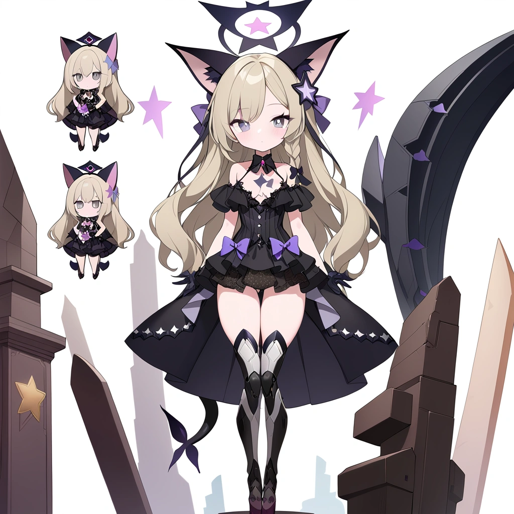 woman 170 cm tall. medium chest, wide hip, slim build, ((whole body)). (((character design sheet: front view))). (dark blonde hair, (hip-length wavy hair with asymmetrical bangs), She has a short braid tied with an elegant purple bow on the left side of her hair above her chest. She has a short braid tied with an elegant purple bow on the right side of her hair above her chest. She has small ribbons in the back of her hair..). ((Gray eyes with a pink 4-pointed star in the pupil.)). Two black and purple serval ears located on the top of the head. (Luminous black halo with purple star patterns above his head). He has a black collar with a heart emblem on his neck.. (Elegant one-piece long dress with lace and ruffle thigh-high skirt, ribbon decorations and star patterns on the dress). black gloves, beautiful black platform heels. gray belt at the waist with a large ribbon with a luminous pink heart in the middle. (It has a beautiful succubus tail with a small purple star on the tip.). ((It has complex mechanical legs that reach up to the thighs and are black with small purple details..)). beautiful detailed hair, beautiful detailed dress. extremely detailed arms. extremely detailed face, small face, Beautiful detailed eyes, beautiful detailed lips. adorable. extremely detailed legs. (Best Quality, 4k, high resolution), ultra detailed, Exquisite and epic character art., ((White background)).