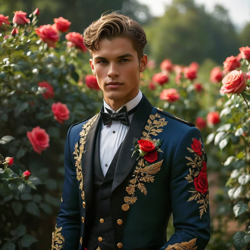 Create an image of a young man inspired by the characteristics of the rose 'The Prince.' He standing with a relaxed yet confident posture, against a red rose bush. His clothing feature deep rich dark red-purple color, with a tailored, Victorian-inspired robe adorned with intricate embroidery and subtle thorn-like details on his accessories. His attire should echo the complex, multi-petaled structure of the rose, with layers and textures that add depth to his appearance. The composition should center on the young man, with a slight off-center placement to draw the eye towards him while still incorporating of garden background. The lighting should be soft and diffused, with golden-hour sunlight filtering through the leaves, creating a warm, inviting atmosphere. Use a shallow depth of field to keep the focus on the subject while gently blurring the background, enhancing the dreamy, almost ethereal quality of the scene. The environment should be a well-tended garden, with glossy green leaves and blooming roses that match the man's attire, creating a harmonious blend between the subject and his surroundings. The atmosphere should be serene and regal, with a hint of mystery and romance. Photography techniques should include a low-angle shot to emphasize the young man's stature and elegance, and a slight tilt to add a dynamic element to the composition. Use a full-frame DSLR or mirrorless camera, such as a Canon EOS R7 paired with a prime lens like an 85mm f/1.4 to achieve a beautiful bokeh effect and sharp subject focus. by Tim Walker known for his fantastical and richly detailed fashion photography, which often features elements of nature and a dreamlike Hight quality.