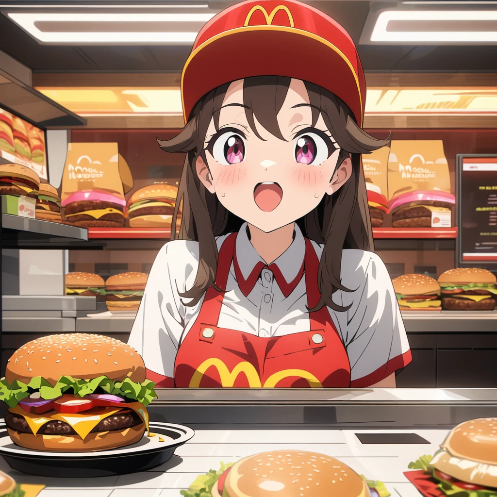 Masterpiece, ultra detailed, beautiful,Super Saturation, anime style,fast food worker, burger shop, McDonald's 