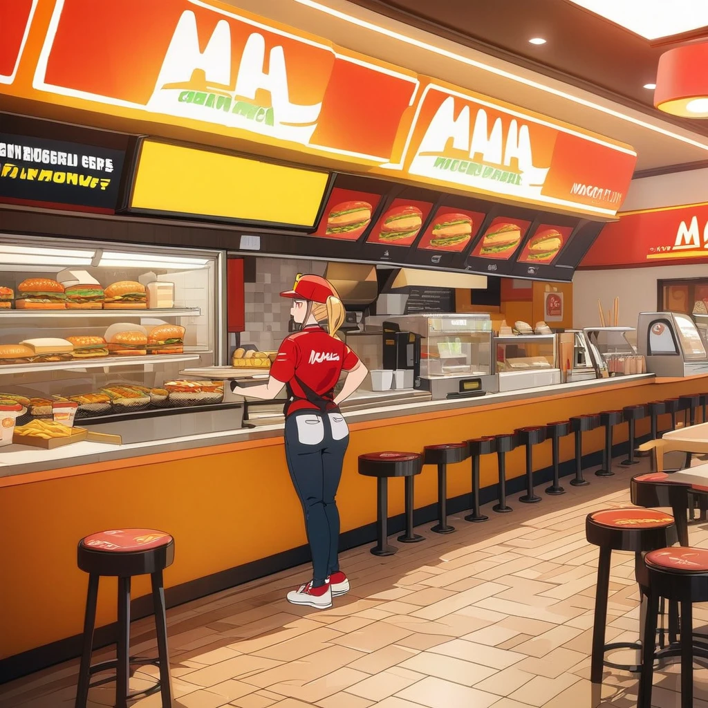 Masterpiece, ultra detailed, beautiful,Super Saturation, anime style,fast food worker, burger shop, McDonald's 
