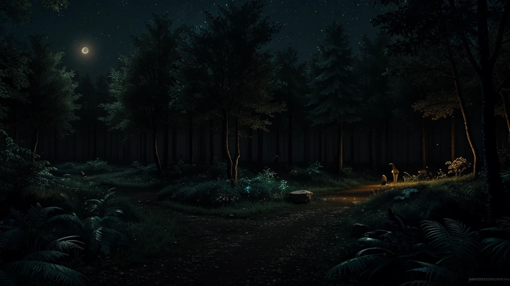A night scene shows chirping birds at in the forest