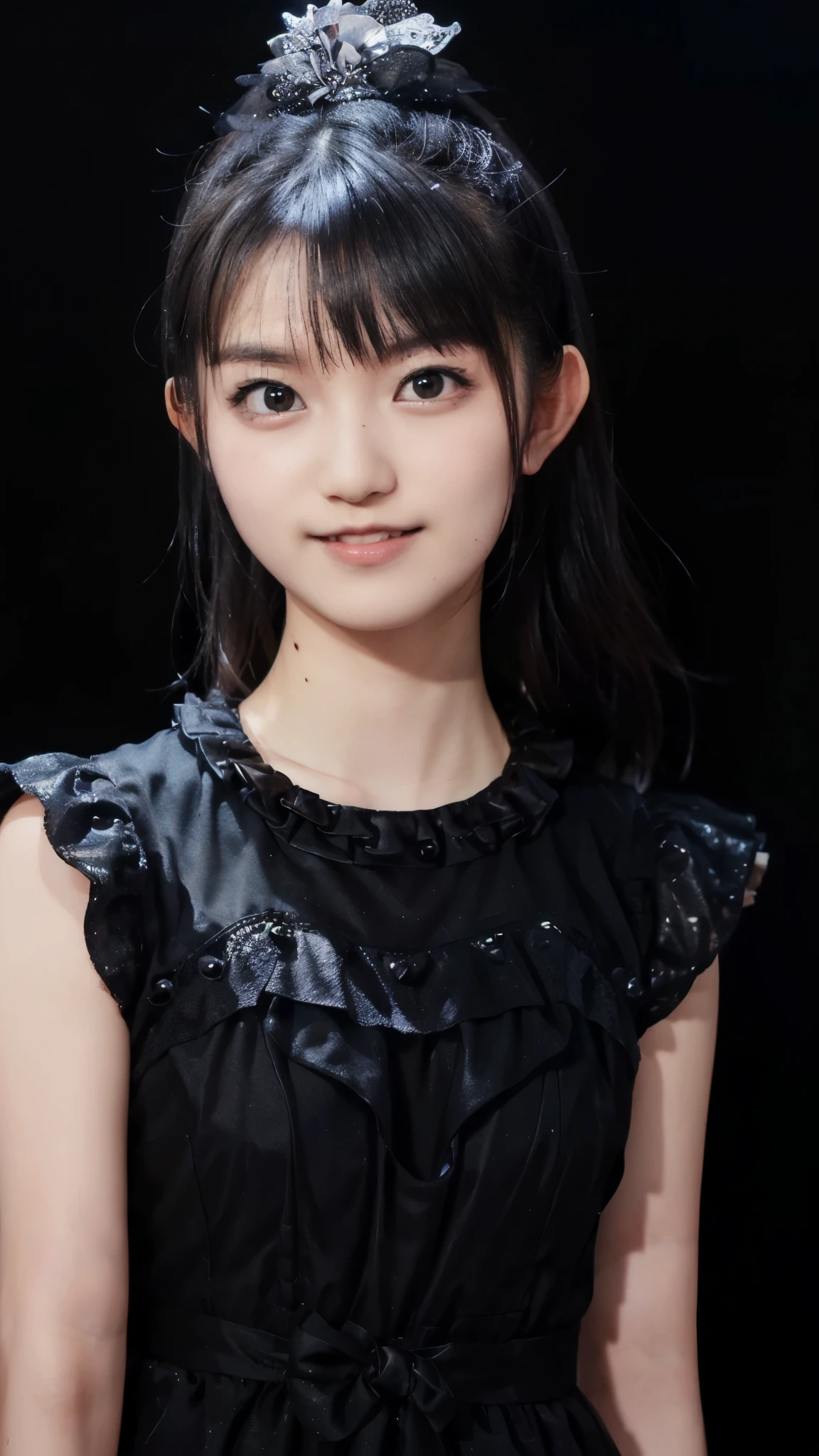 (masterpiece:1.2),(Highest quality:1.2),(Super detailed),(Ultra-high resolution),(Photorealistic Stick),(RAW Photos),8K,wallpaper,Backlight,(Written boundary depth),(Sophisticated lighting:1.1), (Improving cinematic lighting quality:0.9),Photo of a woman in a black dress by Babymetal,(Suzuka Nakamoto)((suzuka nakamoto:1.3)),whole bodyポートレート,(Eye light,Sharp pupils,Detailed eye drawing,)Very beautiful face,(Detailed skin texture:1.3),(Beautiful portrait:1.2),A lovely and delicate face,Beautiful young Japanese woman,front,((whole body:1.5)),((Black background:1.3)),(Flashy makeup),((smile))
