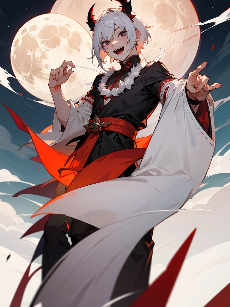 Rakshasa-ten Black eyes White horns White short hair Black costume Torii Male Full moon Fangs