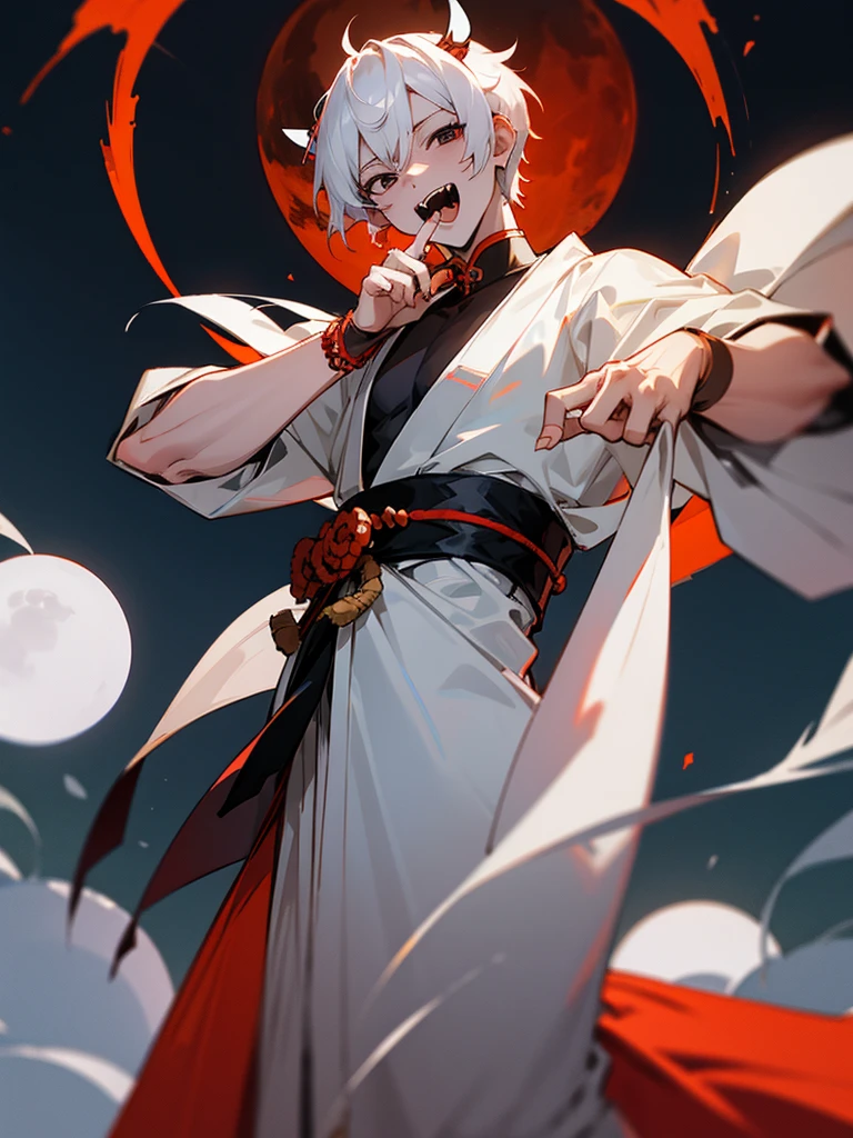 Rakshasa-ten Black eyes White horns White short hair Black costume Torii Male Full moon Fangs