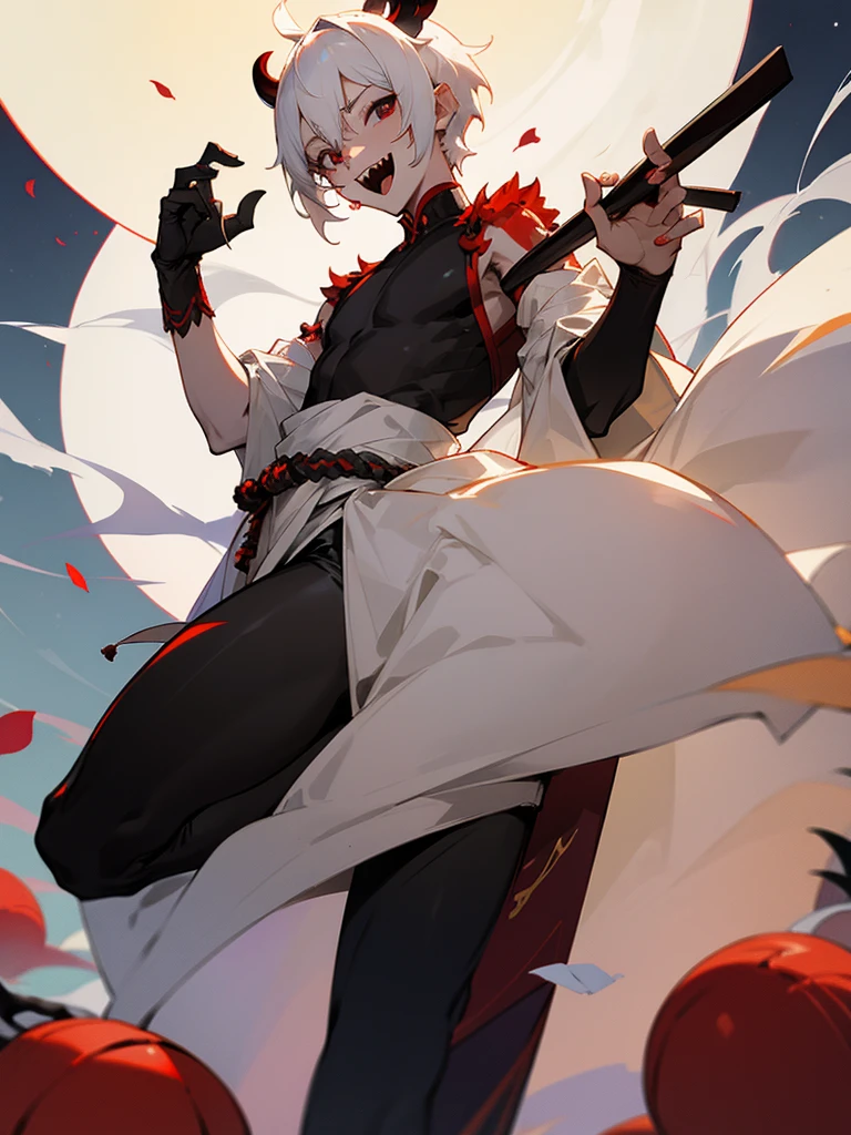 Rakshasa-ten Black eyes White horns White short hair Black costume Torii Male Full moon Fangs