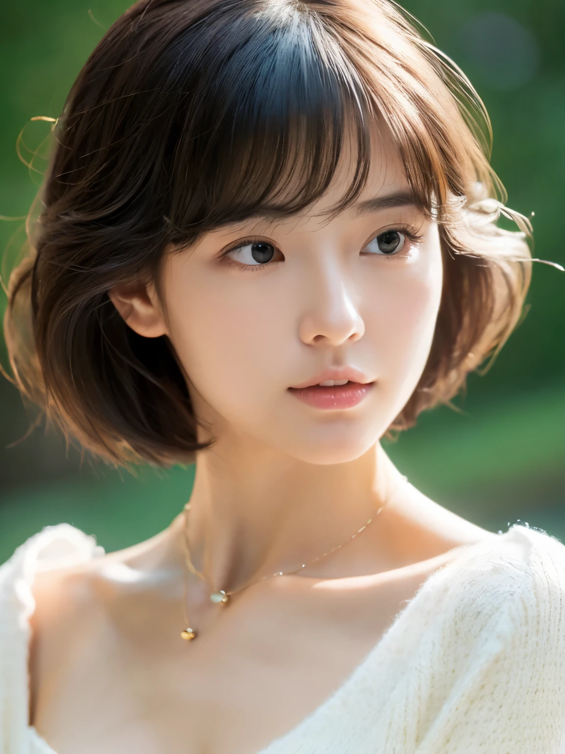 (top-quality、8K、32K、masterpiece、nffsw:1.2)、cute little japanese women photos、large full breasts、very short bobbed hair、The upper part of the body、sface focus、Oversized_Sweaters、a necklace、simple background、From above、looking at the viewerix4、(8K、Raw photography、top-quality、masterpiece:1.2)、(realisitic、Photorealsitic:1.37)、1girl in、cute little、profetional lighting、photon maping、physically-based renderingt、Gradient Brunette Hair、short curly hair、a handsome、Girly、superior image quality、hight resolution、1080p、(Clear face)、(Detailed face description)、(Detailed hand description)、(masuter piece)、(Exquisite CG)、 extreme light and shadows、hair messy、masterpiece、lush detail、(Exquisite facial features)、(The highest image quality)、(masterpiece)、(A detailed eye)、Looking forward to your eyes、Delicate collarbones、Poses variadas、don't watch mela、profile、white walls、(white walls room with window)、Autumn clothes、Winter clothes、simple a necklace、T-shirt