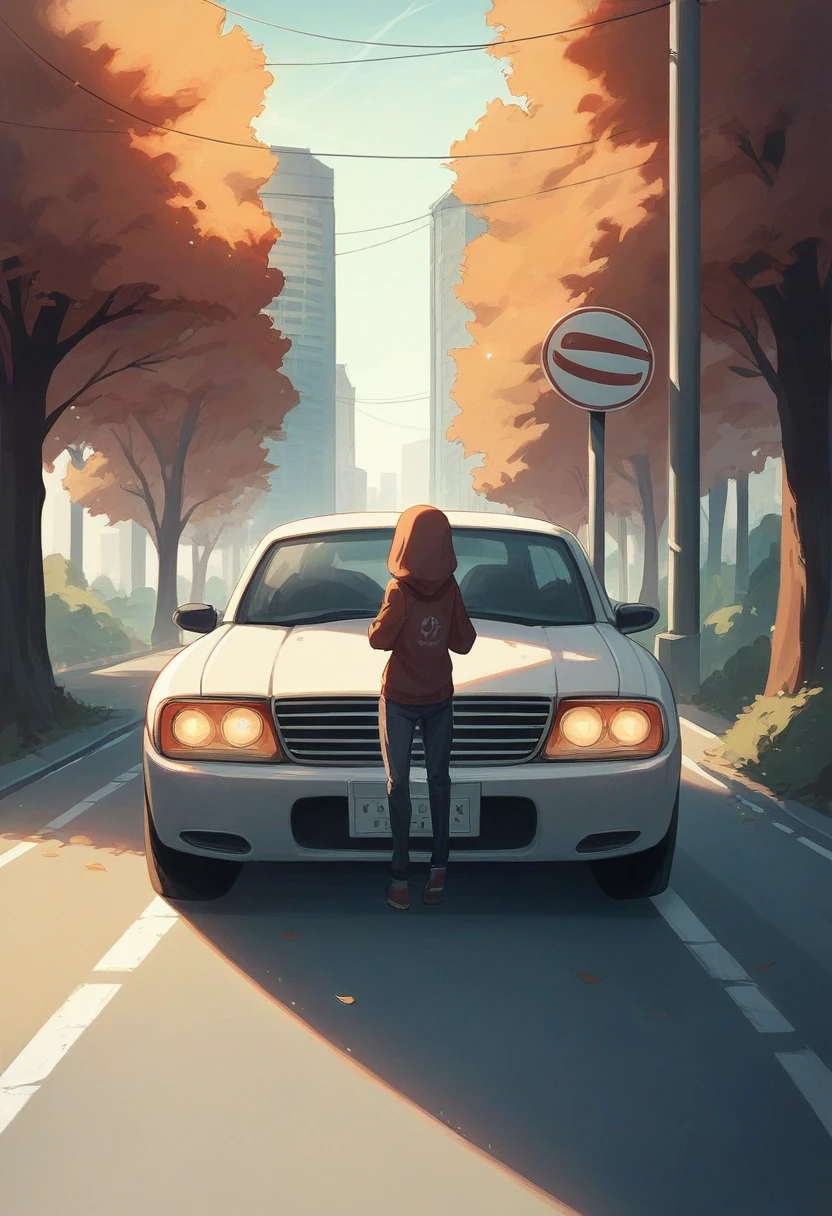 Create a detailed and realistic illustration of a high-performance sports car parked on a city street. The car should have a sleek, glossy finish and reflect the bright, warm sunlight. The background includes city buildings and trees, bathed in sunlight, with a mix of green foliage and autumn leaves. Include realistic details like traffic lights, street signs, and a slight blur of fallen leaves in the foreground to add depth and a seasonal feel. The license plate should humorously read "Need for Sped" to add a playful touch.
