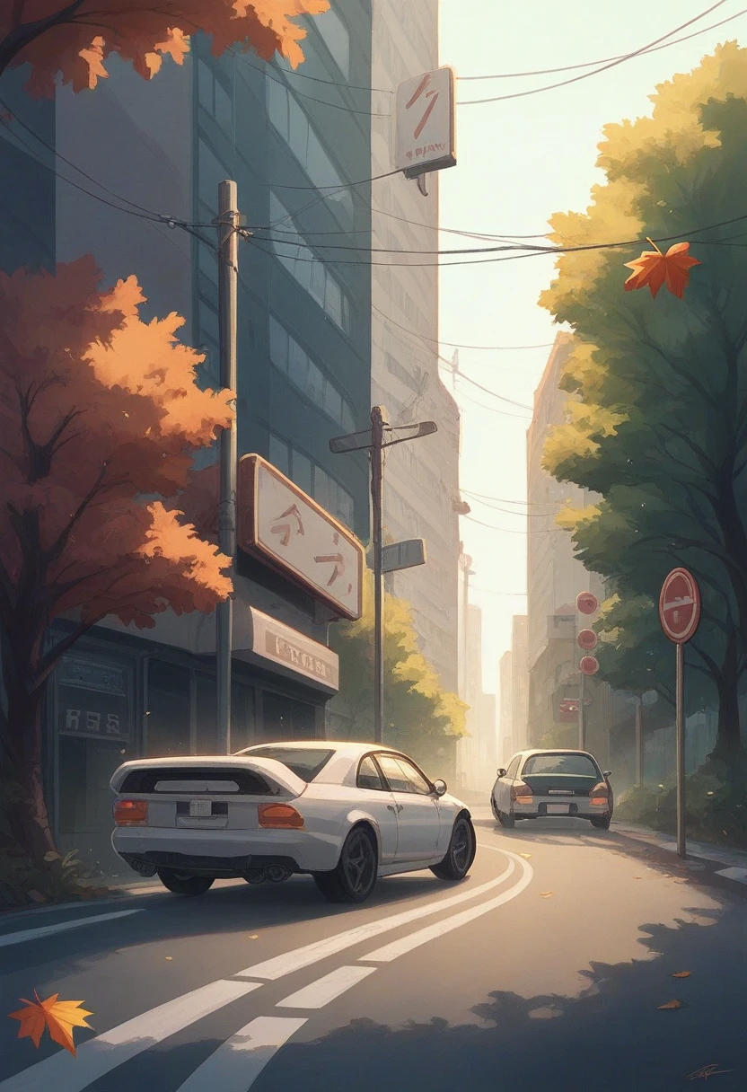 Create a detailed and realistic illustration of a high-performance sports car parked on a city street. The car should have a sleek, glossy finish and reflect the bright, warm sunlight. The background includes city buildings and trees, bathed in sunlight, with a mix of green foliage and autumn leaves. Include realistic details like traffic lights, street signs, and a slight blur of fallen leaves in the foreground to add depth and a seasonal feel. The license plate should humorously read "Need for Sped" to add a playful touch.