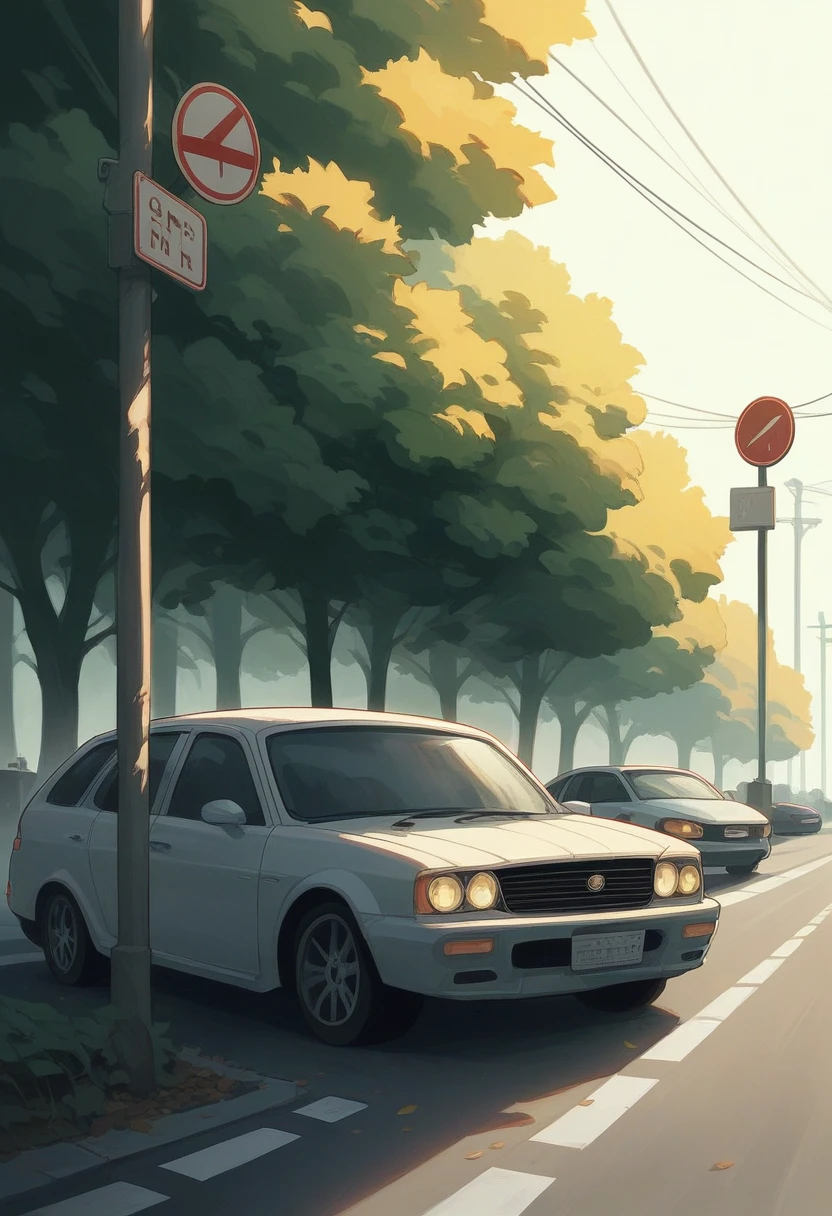 Create a detailed and realistic illustration of a high-performance sports car parked on a city street. The car should have a sleek, glossy finish and reflect the bright, warm sunlight. The background includes city buildings and trees, bathed in sunlight, with a mix of green foliage and autumn leaves. Include realistic details like traffic lights, street signs, and a slight blur of fallen leaves in the foreground to add depth and a seasonal feel. The license plate should humorously read "Need for Sped" to add a playful touch.