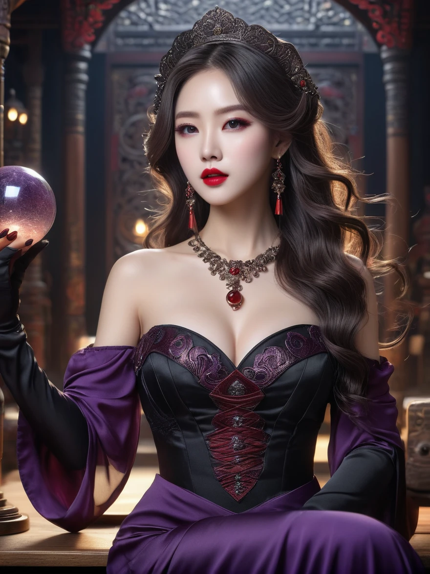 Fantasy、fortune teller、3d,whole body、(imagine:1.3), (whole bodyショット:1.5), ((masterpiece、Highest quality、very good、High resolution、reality、Clear focus、Light))、((1 female、Half-body photo))、美丽的女吸血鬼肖像mouth张开, Showing long fangs.、Crystal amethyst eyes、Delicate eyes、Red lips、Pale face、Long Wavy Hair、My hair is jet black.、Elegant Dresses、Detailed hand drawing、View your viewerouth、Snake-eyes, Ultra Wide Angle, Ultra HD, Anatomically correct, Accurate, masterpiece, Award-winning, 8K