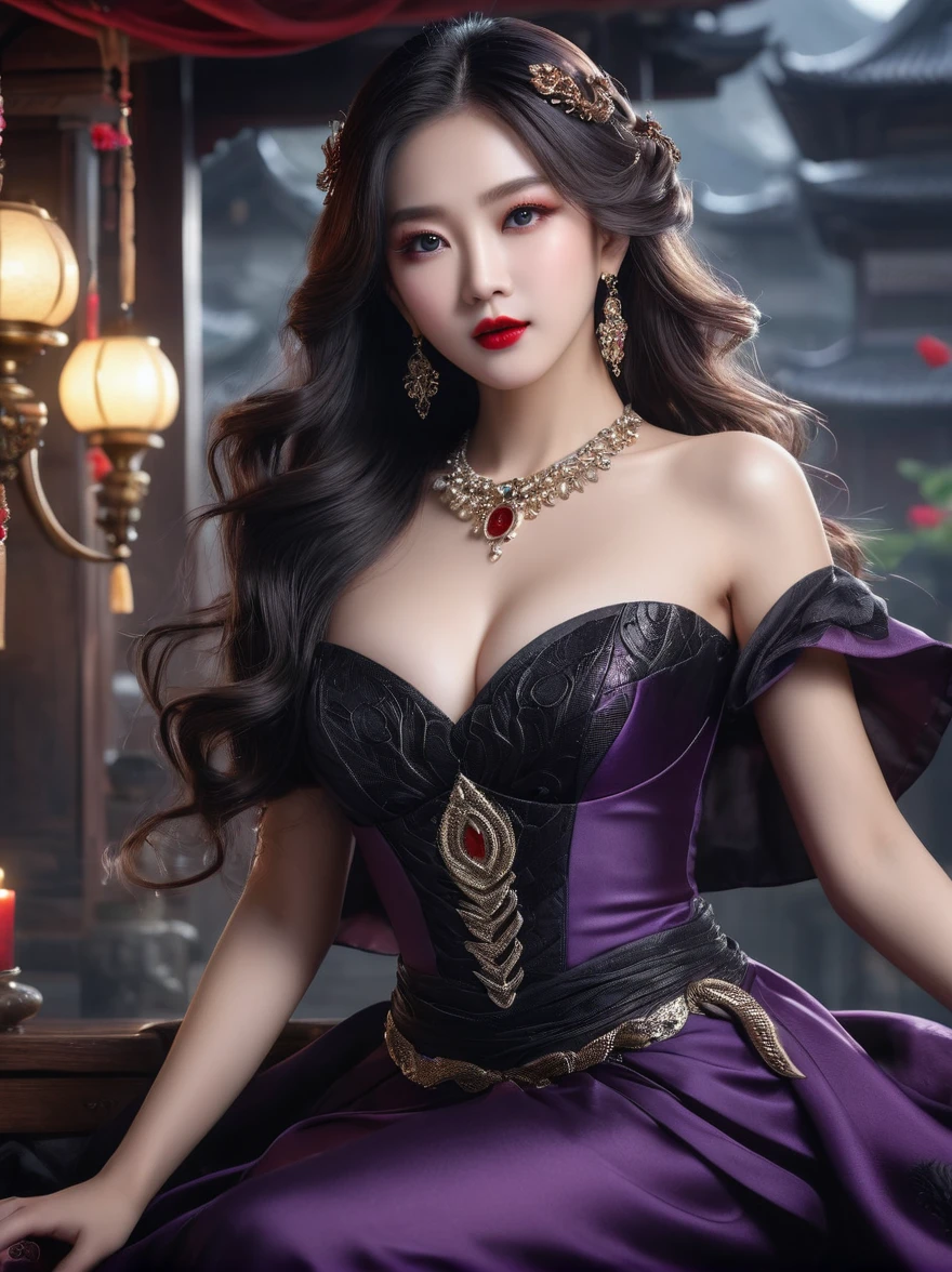 Fantasy、fortune teller、3d,whole body、(imagine:1.3), (whole bodyショット:1.5), ((masterpiece、Highest quality、very good、High resolution、reality、Clear focus、Light))、((1 female、Half-body photo))、美丽的女吸血鬼肖像mouth张开, Showing long fangs.、Crystal amethyst eyes、Delicate eyes、Red lips、Pale face、Long Wavy Hair、My hair is jet black.、Elegant Dresses、Detailed hand drawing、View your viewerouth、Snake-eyes， Ultra Wide Angle, Ultra HD, Anatomically correct, Accurate, masterpiece, Award-winning, 8K