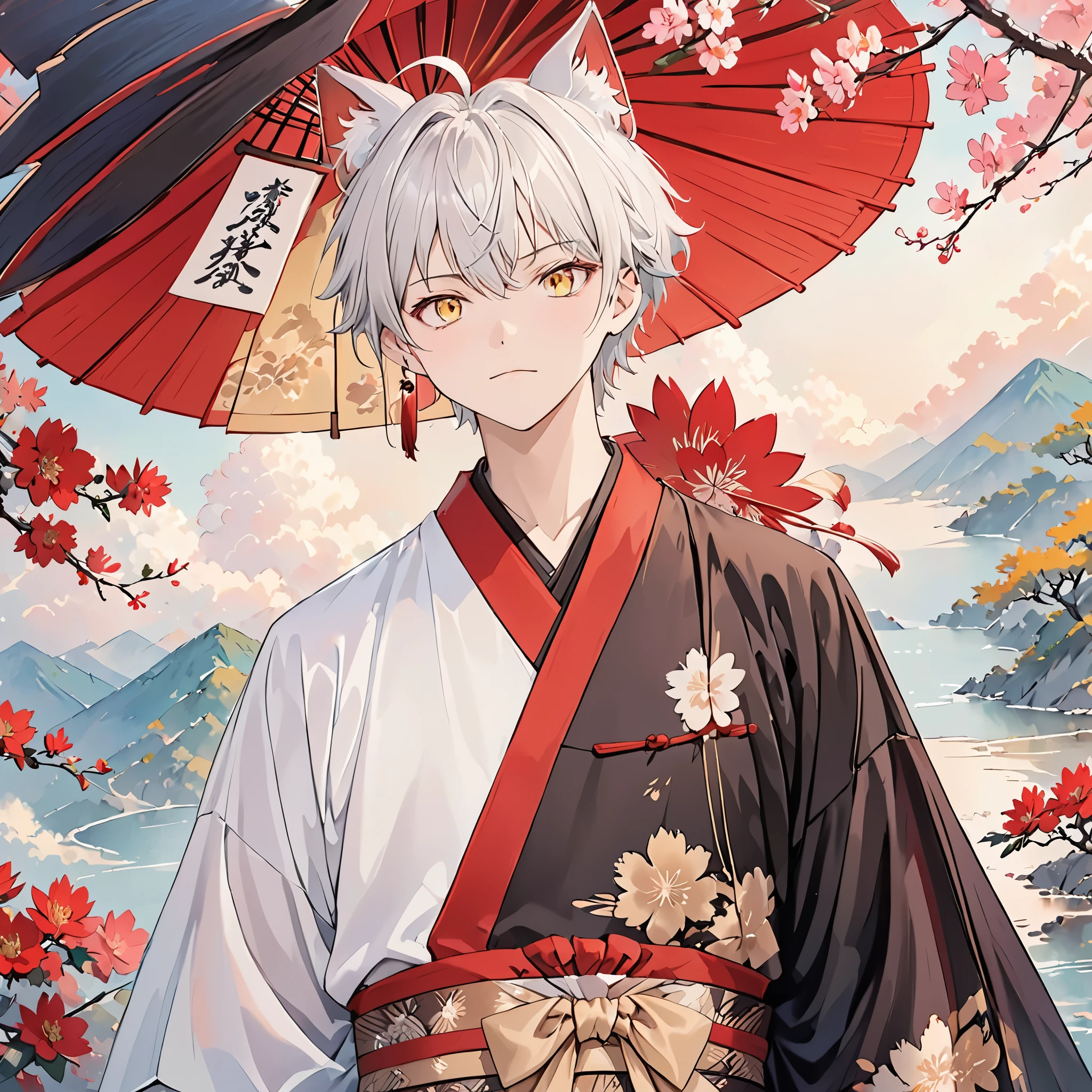 ((cat_boy)),1boy,(animal ears),white hair, short hair with single long lock,(split color kimono),(white kimono),(black kimono),(red lapel),ahoge,yellow eyes,slit pupils, dot nose,closed mouth,,single earring,obi,red sash,beige bow,print kimono,solo,alone,close-up,dynamic pose,beautiful hands,finger,dynamic angle,colorful background,beautiful background,best quality, masterpiece, high resolution,japanese armor,armor,