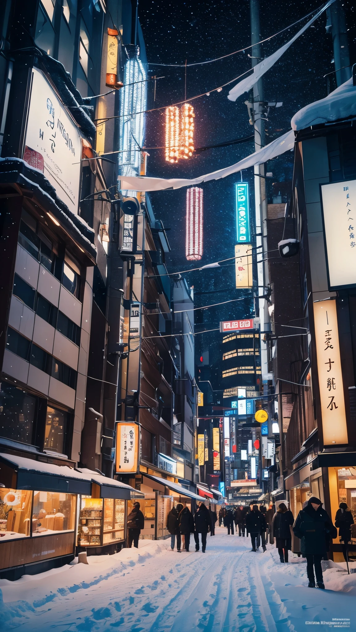 (unmanned), unmanned, no one, landscape, winter, Christmas, city, Tokyo, Sidewalk, snow, light up, night, HD detailed, Super detailed, movie, Hyperrealism, Soft Light, Deep focus bokeh, Ray Tracing, Art Station pixivgwise, makoto shinkai, art germ