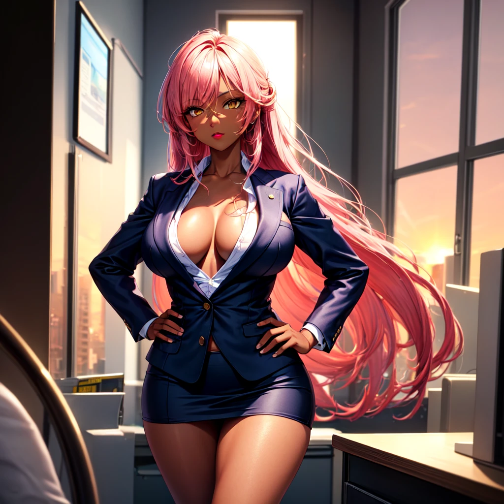 (highres, high quality:1.3), intricate details, cinematic lighting, sharp focus, depth of field, makaikishiingrid Ingrid, 1girl, solo, mature female, (dark-skinned female, dark skin:1.1), looking at viewer, standing, hands on hips, office, window, evening, sunset, serious, pink red hair, very long hair, hair intakes, makeup, lipstick, (mole under mouth:0.8), eyelashes, yellow eyes, detailed eyes, perfect face, business suit, formal, skirt suit, jacket suit, large breasts, cleavage, (areola slip:1.2), (nipple slip:0.9), thighs,