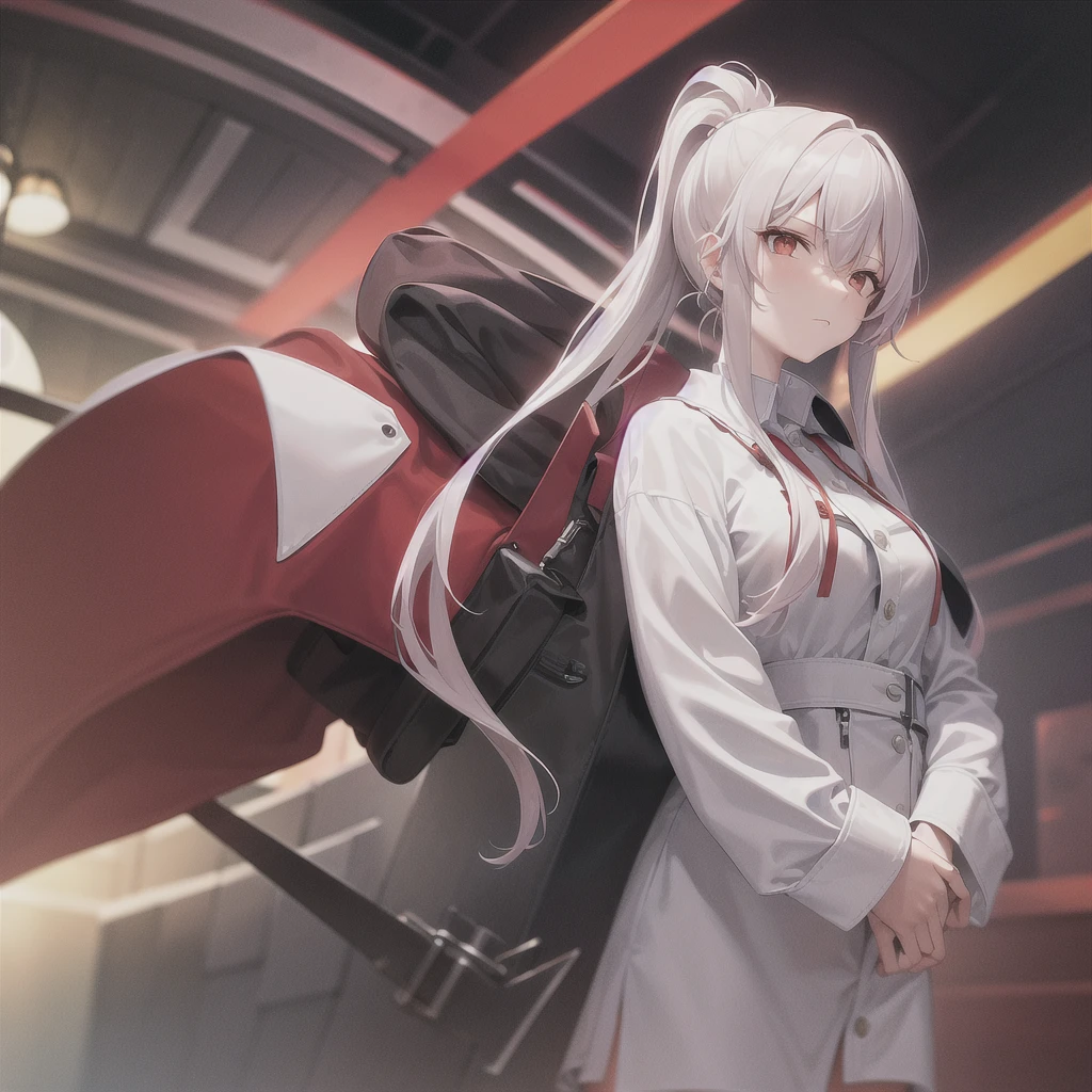 red and white hair, ponytail, black jacket with red undertones, white dress, deep orange eyes, only one person, smug look, mature and older look