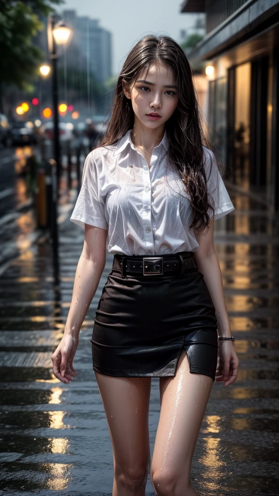 (RAW shooting, realistic:1.5, 8K, Highest quality, Masterpiece, Ultra high resolution), Perfect dynamic composition:1.2, Night street corner of modern city, expression of sadness:0.5, heavy rain:1.3, Highly detailed skin and facial features:1.2, one Slim lady wet in the rain:1.3, white skin:1.2, perfect style:1.2, beautiful and beautiful:1.1, Very beautiful face:1.2, water droplets on the skin:1.2, water droplets on the face:1.4, (rain drips all over my body:1.2, wet body:1.2, Wet hair:1.4, wet black tight skirt.:1.5, wet white short-sleeved shirt:1.4), Brown suede belt:1.4, Black bra under white shirt:1.5, (cry, Heartbreak, The expression on your face when you feel a strong touch., Facial expressions when feeling pleasure), (beautiful eyes, Eyes that give a feeling of elegance and beauty:0.8), (Too erotic:0.9, Fascinating:0.9), upper body, close up, rain:1.4, metal shirt buttons:1.2, metal plain modern belt buckle:1.4, at night:1.2, Thai University Uniform, at night:1.3, stand, rain foreground and background:1.4, standing:1.2