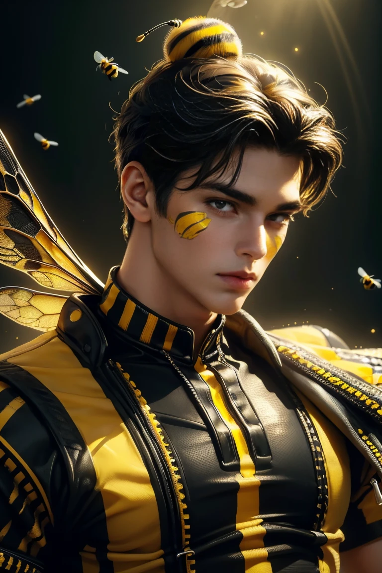 1 male, 18 years old, bee man, black hair, good body, black and yellow mottled skin, body covered in honey, has bee antennae on the head, has bee wings, highly detailed, 4k, masterpiece, hyperrealistic, cinematic lighting, dramatic composition, vibrant colors, surreal, fantasy character, digital art