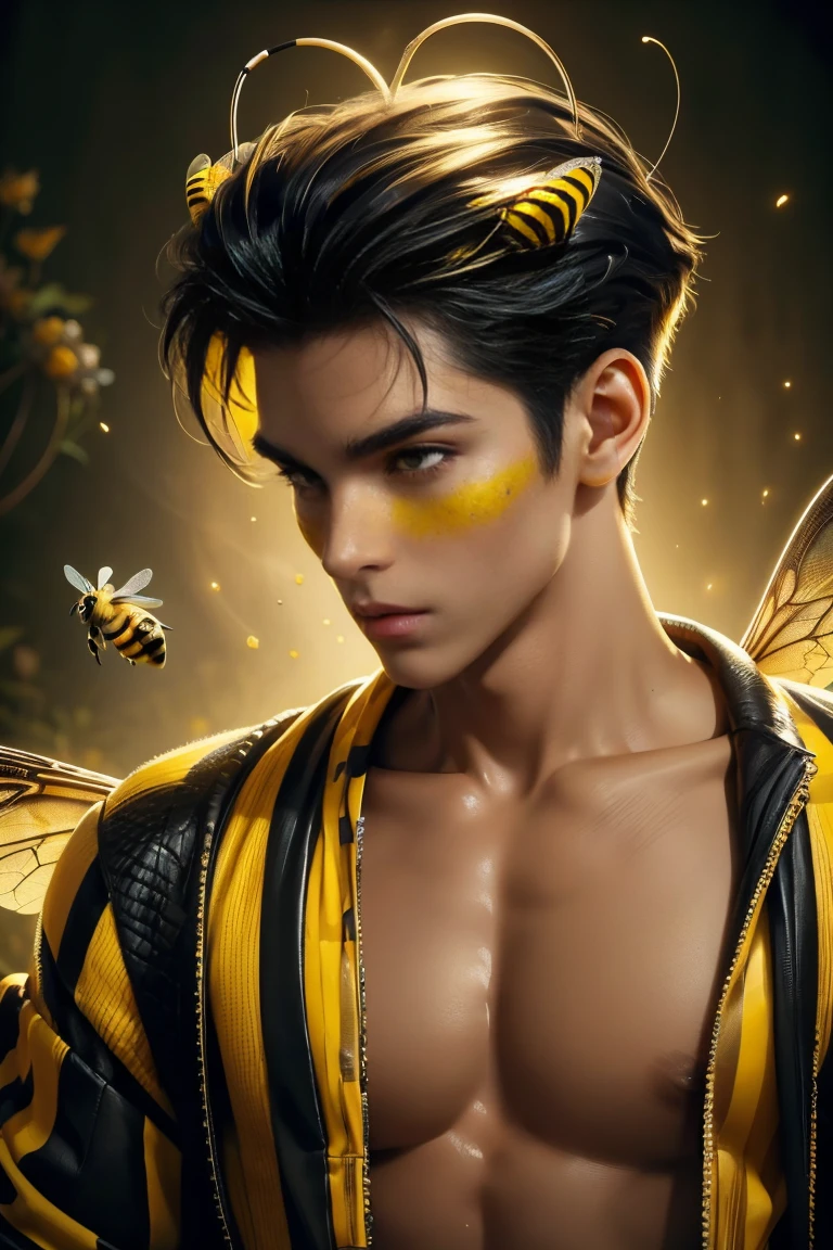 1 male, 18 years old, bee man, black hair, good body, black and yellow mottled skin, body covered in honey, has bee antennae on the head, has bee wings, highly detailed, 4k, masterpiece, hyperrealistic, cinematic lighting, dramatic composition, vibrant colors, surreal, fantasy character, digital art