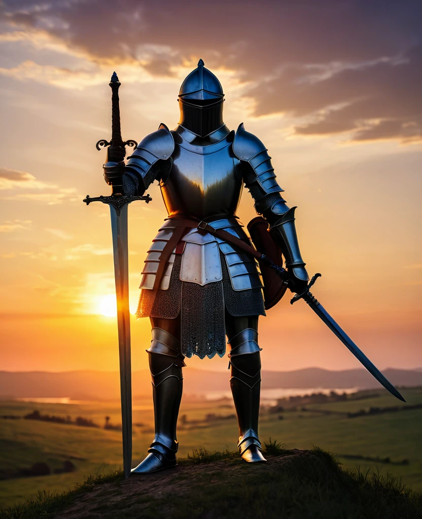 A knight with his sword at sunset